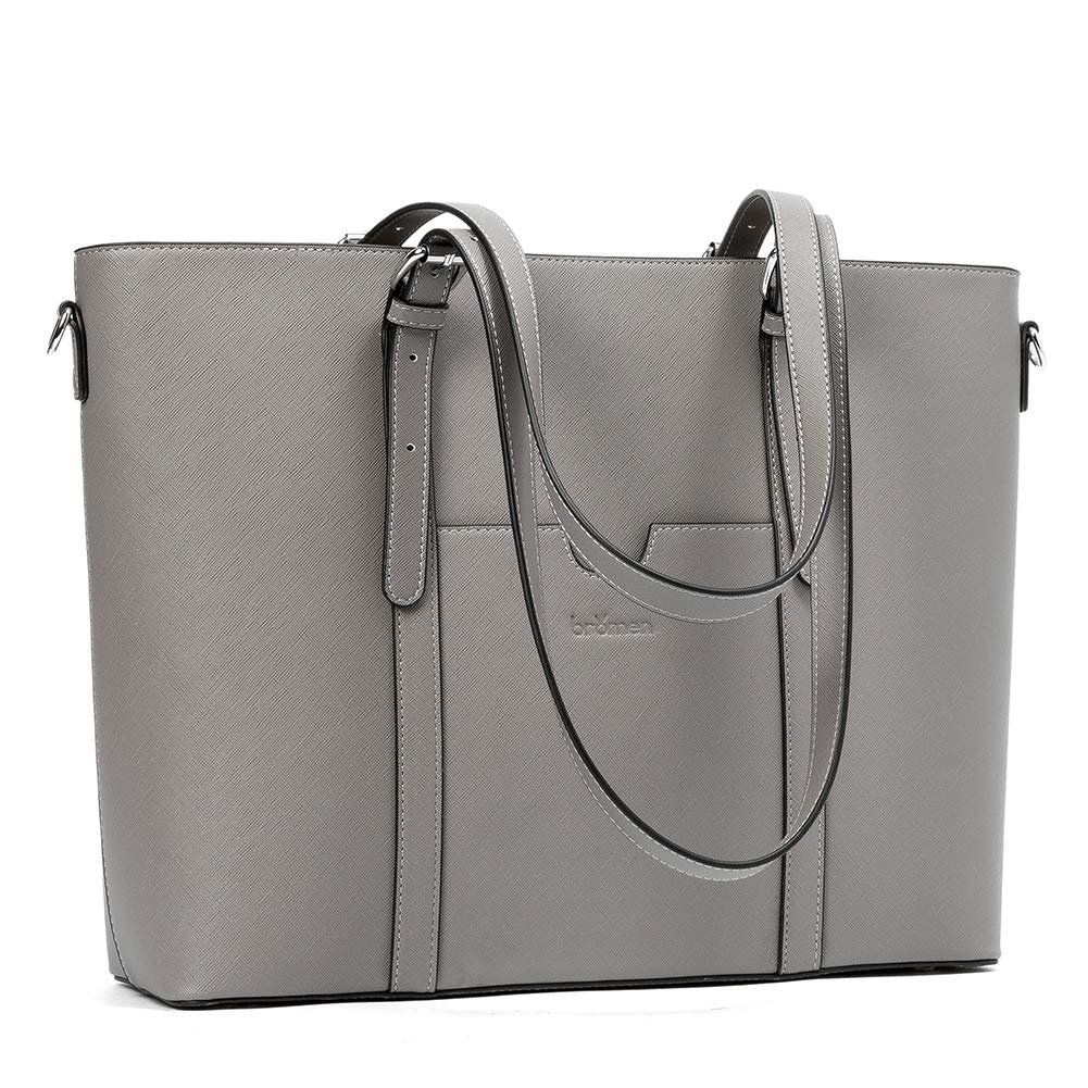 BROMENWomen Briefcase 15.6 inch Laptop Tote Bag Vintage Leather Handbags Shoulder Work Purses, 1-grey, Medium