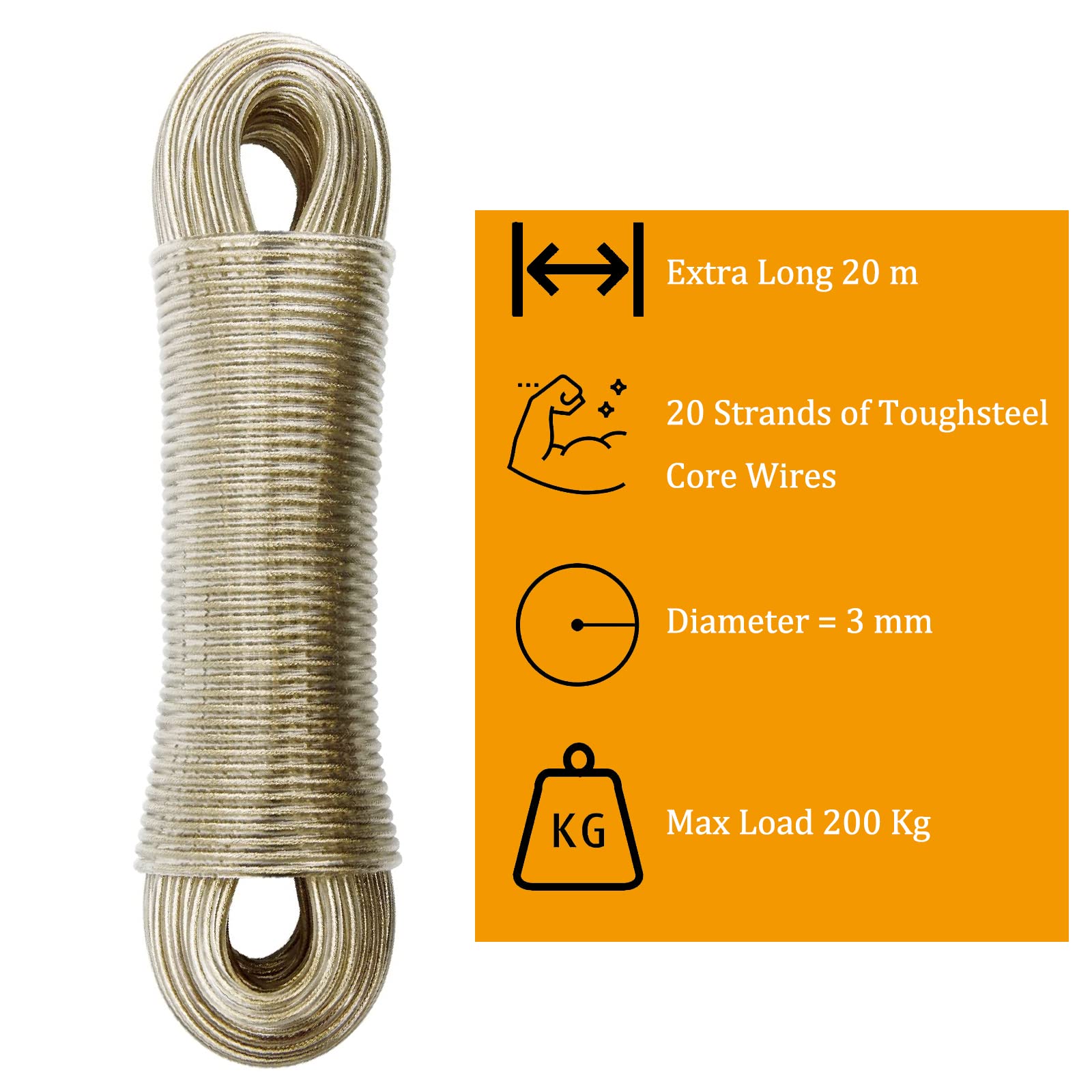 Corde à Linge Acier 30 M - Résistante Intérieur/extérieur - Portée 120 Kg - Anti-rouille, 4 Mm