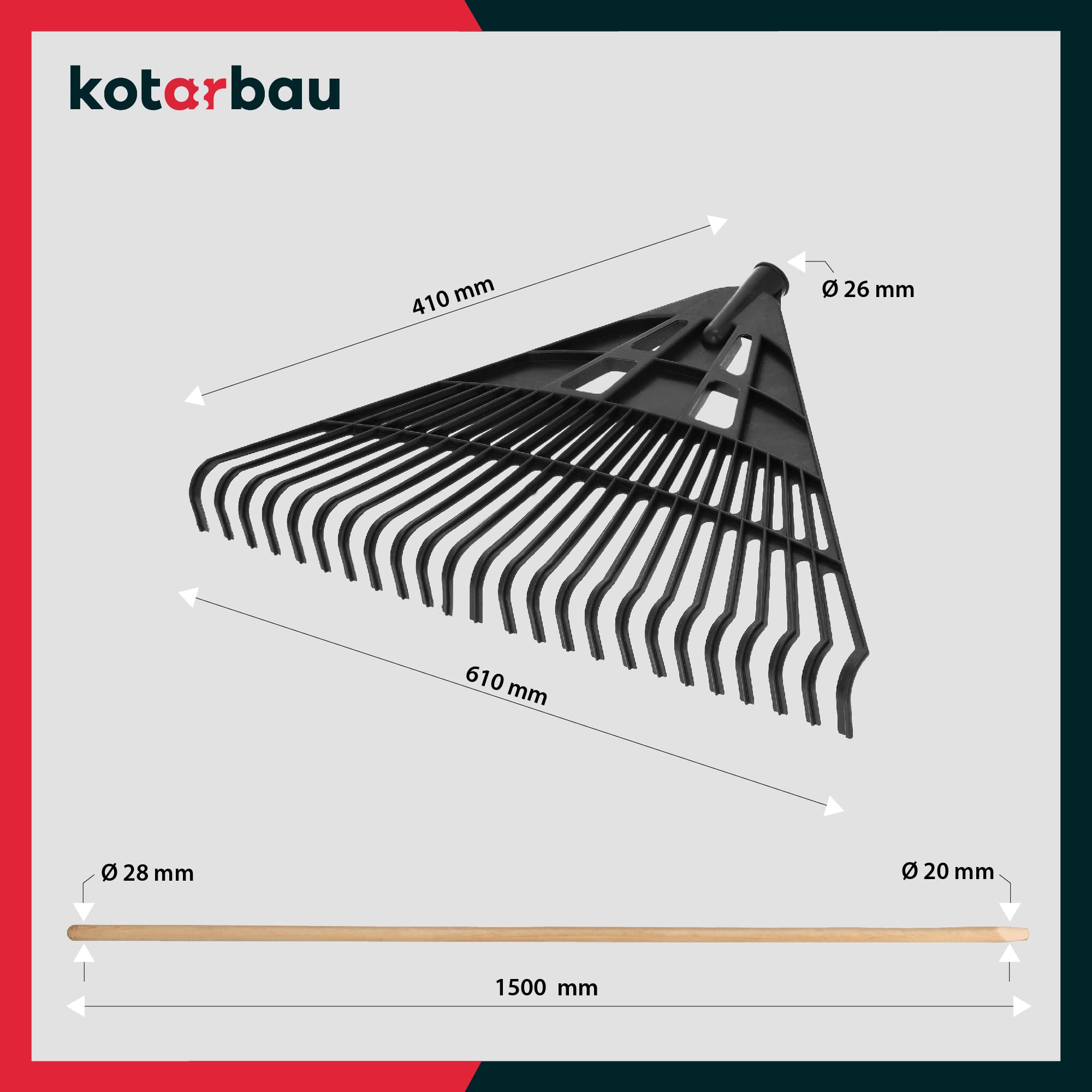 KOTARBAU® Rateau à Feuilles - Plastique - 61 cm - Noir - avec Manche - Râteau Jardin - Balai à Gazon - Ramasse Feuilles - Léger - Résistant - Entretien Jardin