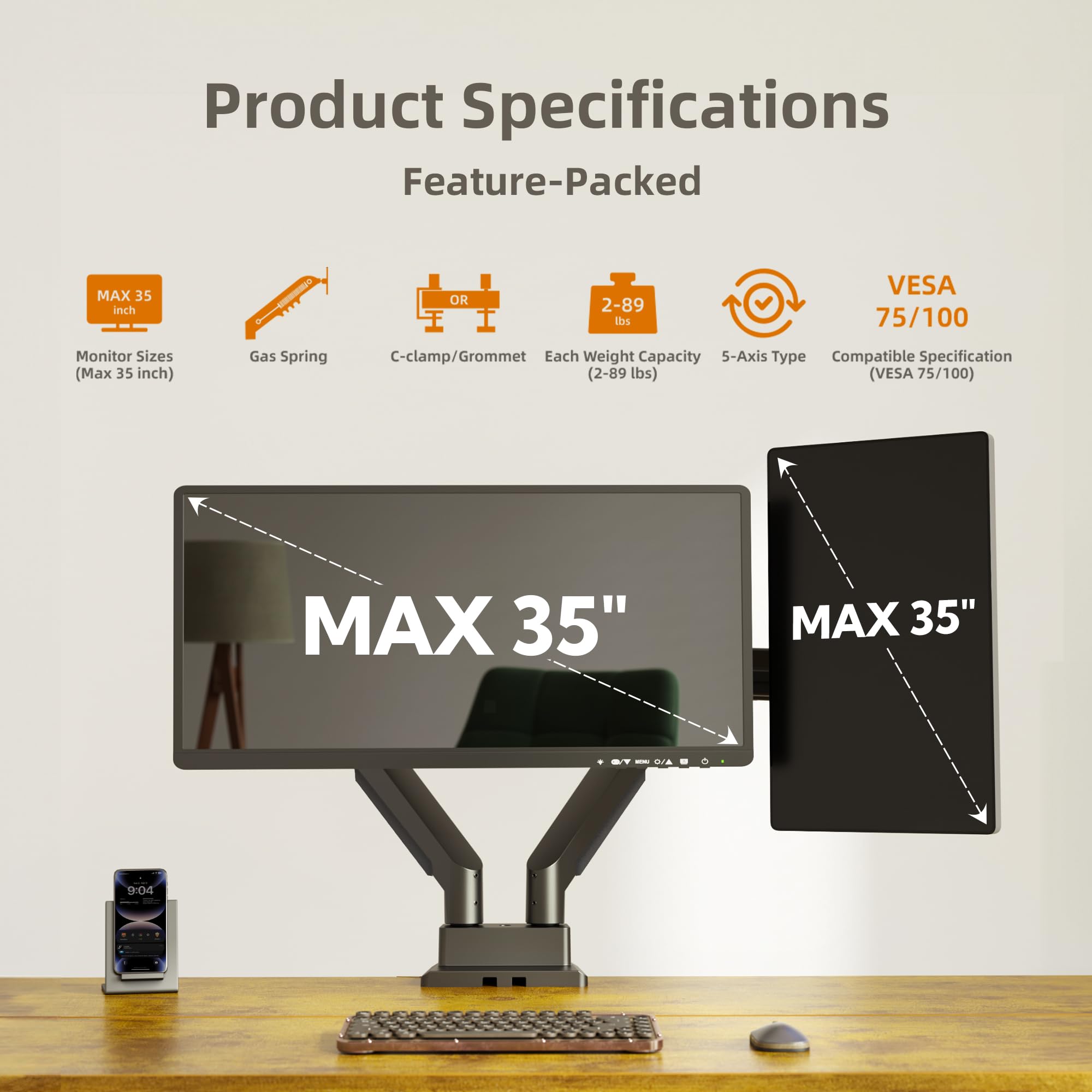 Claiks Soporte de monitor dual para pantallas de 35 pulgadas de máximo de 35 pulgadas, soporta hasta un máximo de 90 libras, brazo ergonómico de resorte de gas ajustable, con abrazadera y base de