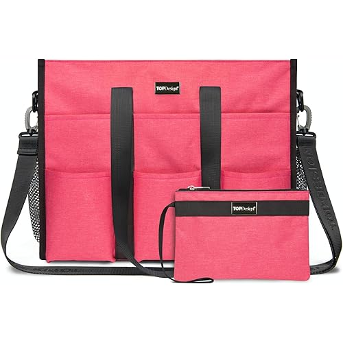 TOPDesign Utility Water Resistant Tote Bag with 22 Pockets, Top Zipper Closure & Thick Bottom Support, for Working Women