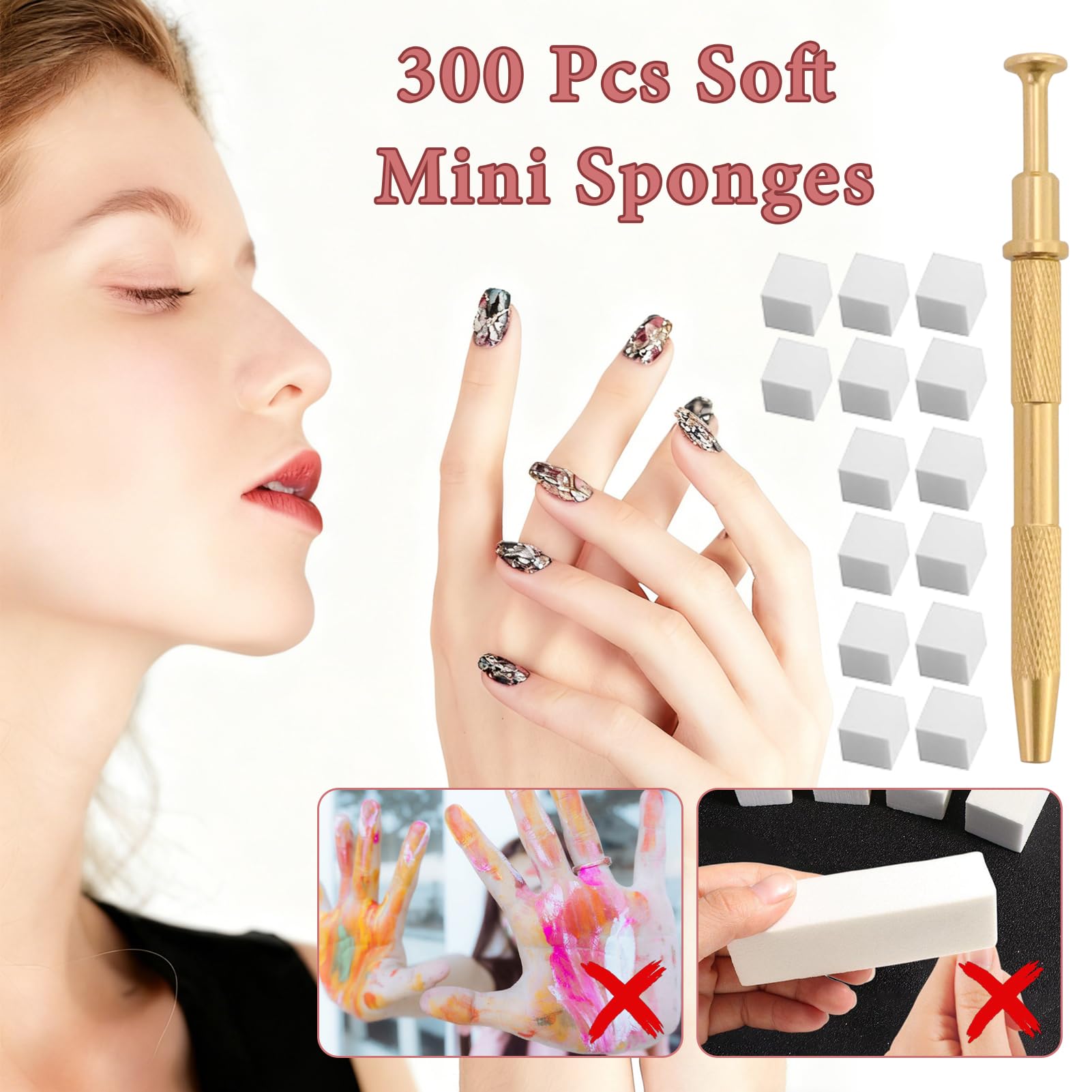 300 Pezzi Spugna per Nail Art, Strumenti per il Rendering Delle Unghie con Pinza Metallica, Pennello, Usato per Creare una Varietà di Modelli di Nail Art Sfumati