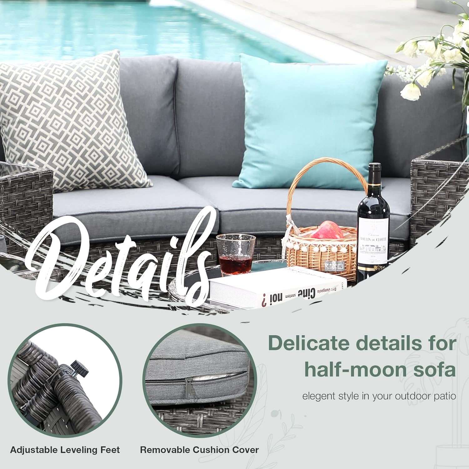 SUNSITT Outdoor 2-Piece Half-Moon Patio Furniture Curved Outdoor Sofa Wicker Sectional Set with Grey Cushions | Wicker, Sectional, Grey Cushions