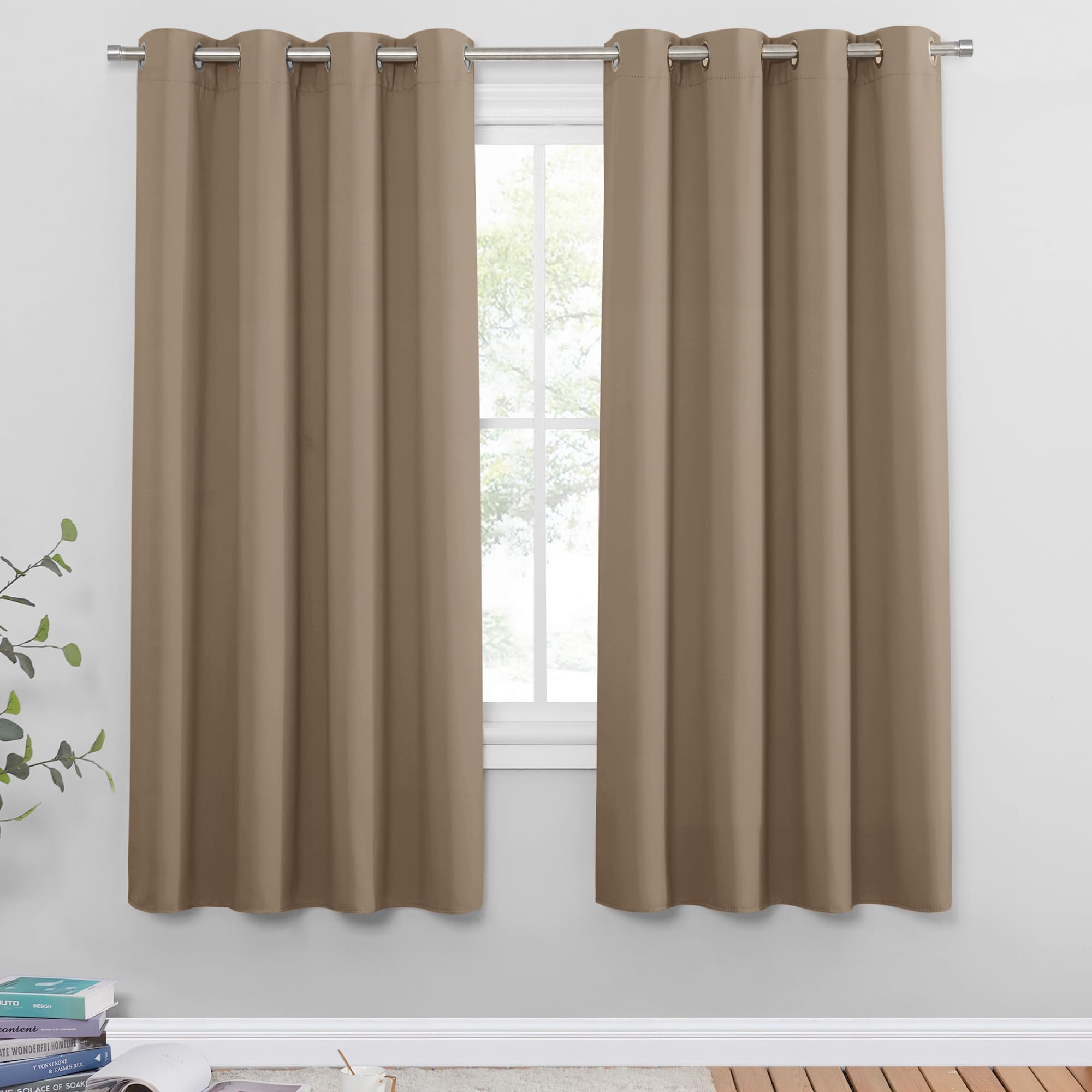 PONY DANCE Eyelet Blackout Curtains - Mocha Large Thermal Privacy Curtains & Drapes for Energy Saving Light Blocking Heavy Duty Door Drapes with Eyelet, 1 Pair, W 52 by D 72 Inch