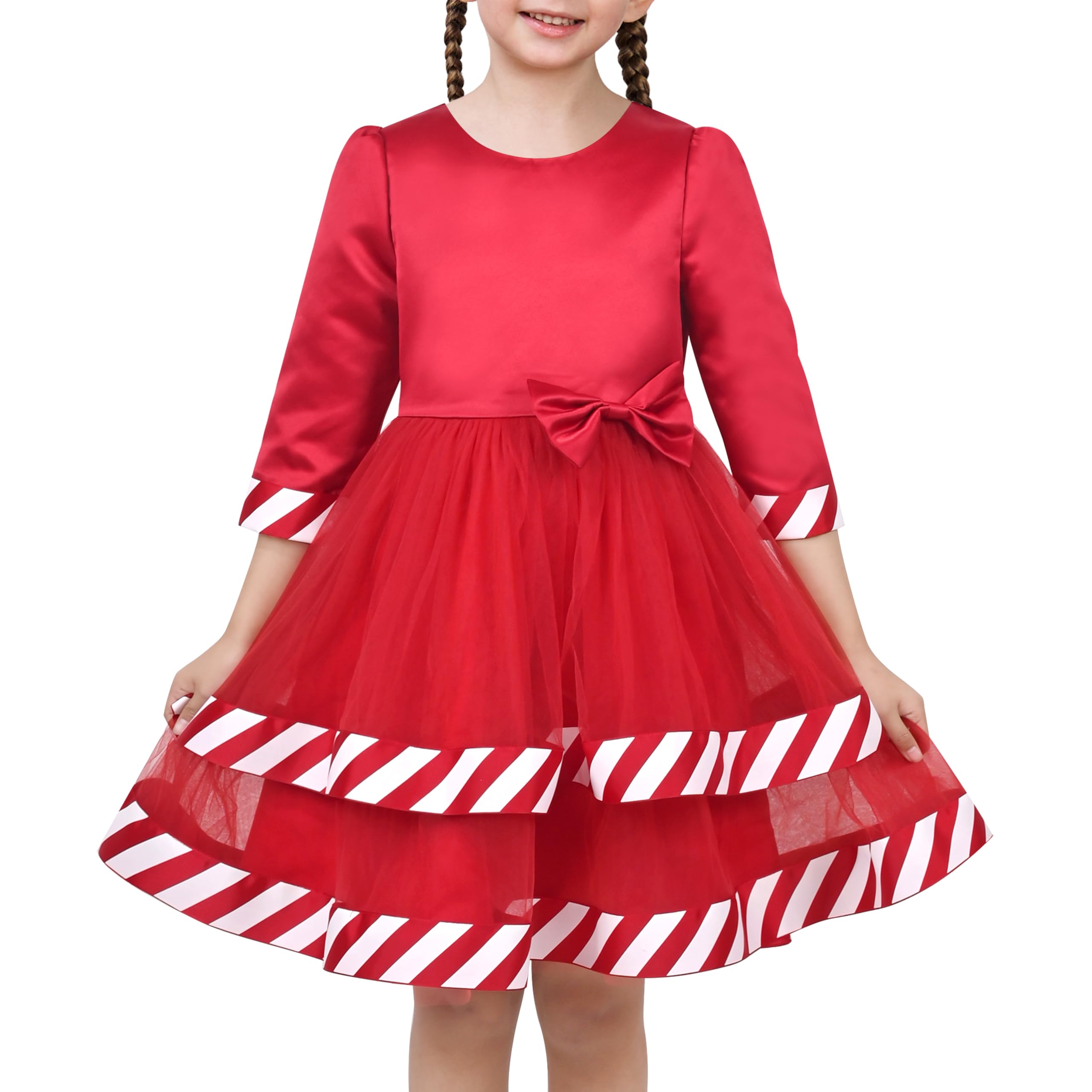 Sunny Fashion Vestido para niña Rojo Rosa Corbata de moño Encaje Formal Fiesta Manga Larga 4-12 años