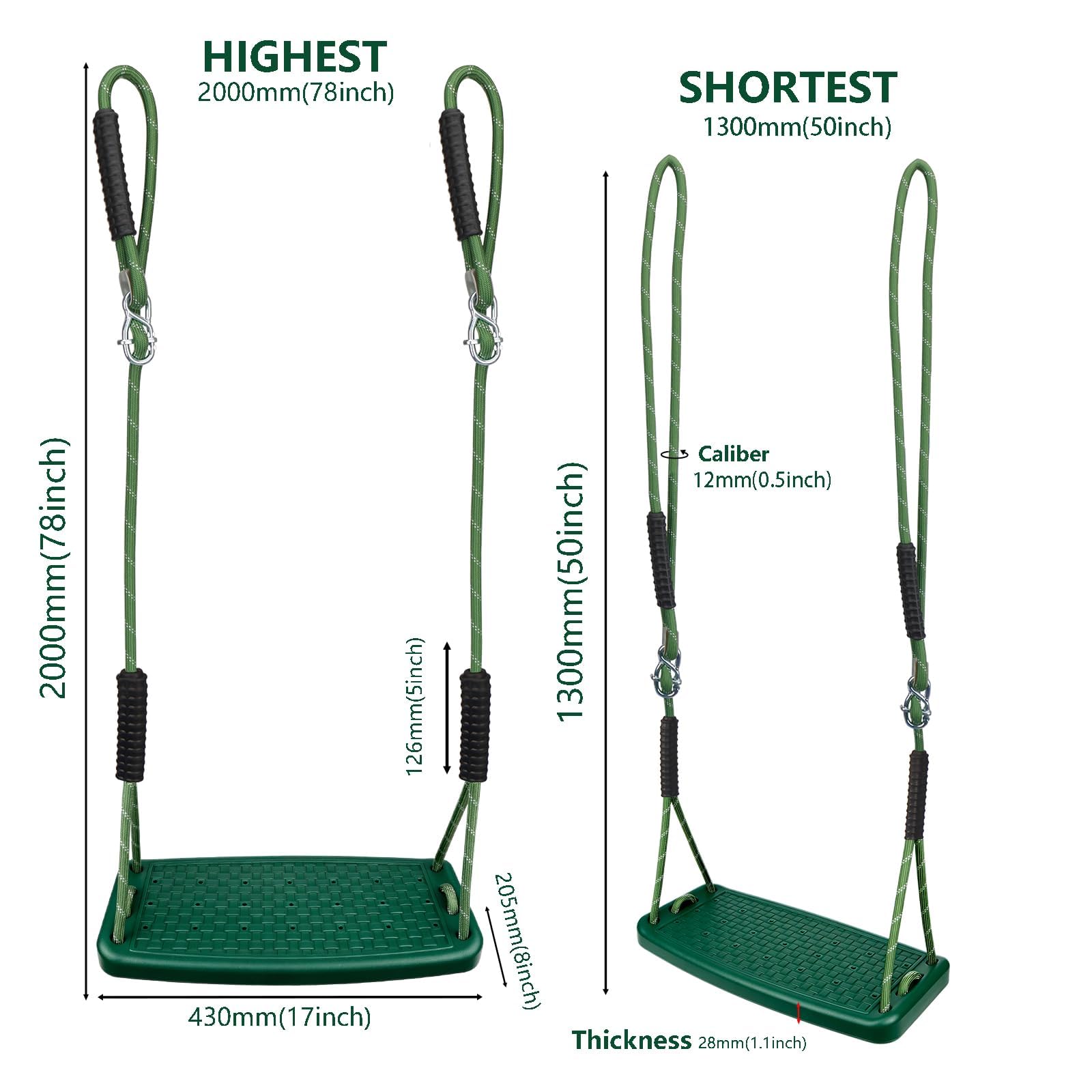 Altalena per esterni, in plastica antiscivolo, con corda regolabile (1,3 m-2 m) e 2 moschettoni, altalena da giardino, per adolescenti/adulti, verde, 100 kg