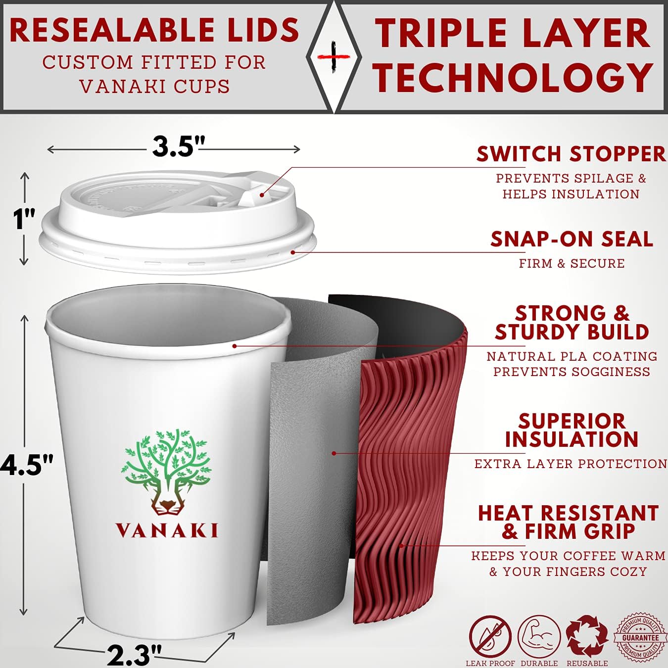 VANAKI 85 Sets - 12 Oz Disposable Paper Coffee Cups with Lids + Wooden Stirrers + 5 [BONUS] Carriers - Triple Layer Insulated Togo Hot Cups - Leak Proof Reusable Paper Cup and Lid - Fully Recyclable