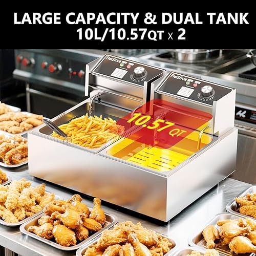 Miniatura 6 de Freidora eléctrica de 3400 W caliente 21QT20L Freidoras comerciales con 2 cestas de uso independiente, freidora de aceite para encimera para uso en