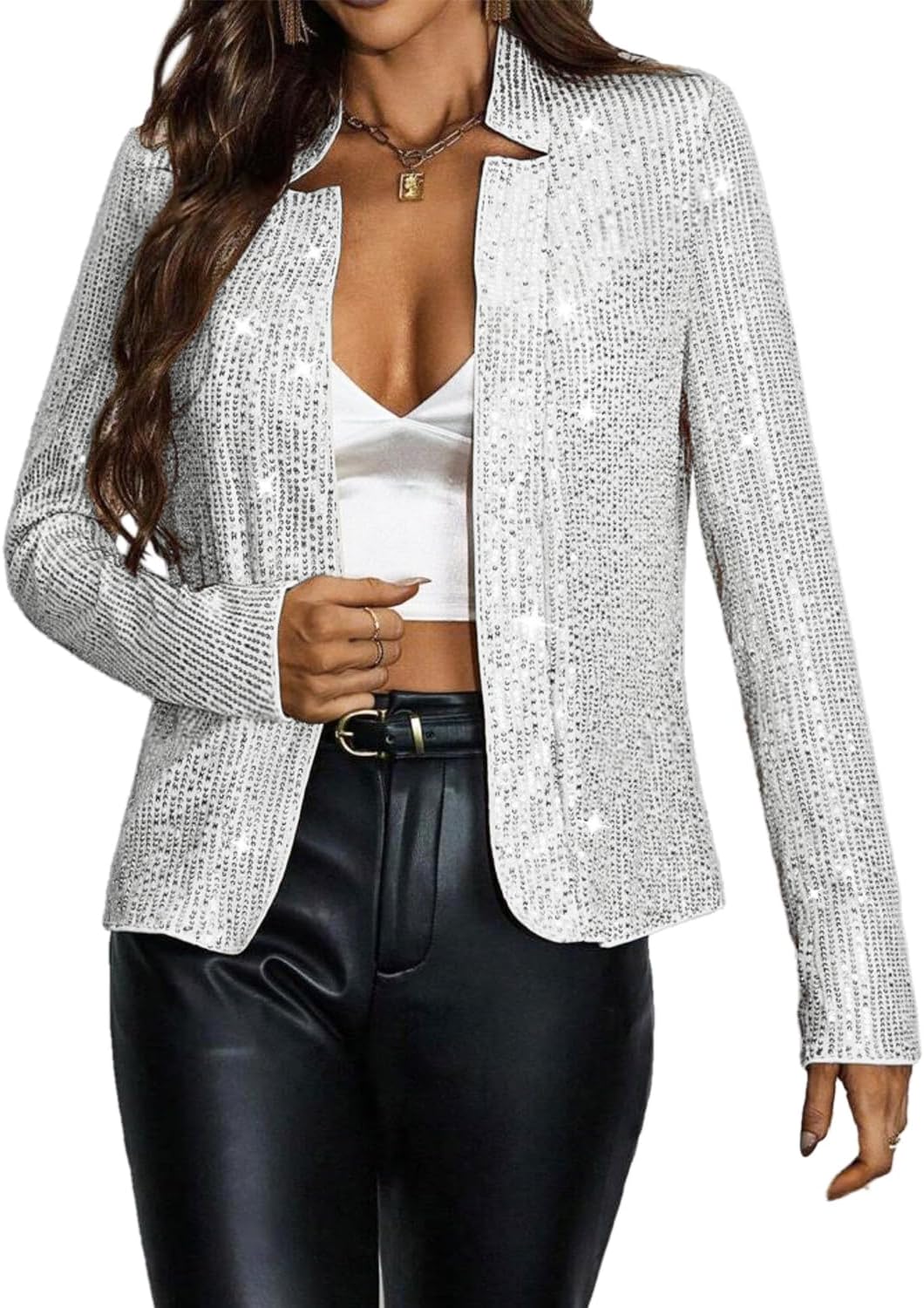 Haoohu Women’s Sequin Short Jackets Long Sleeve Open Front Coat Glitter Blazer Casual Coat Party Clubwear