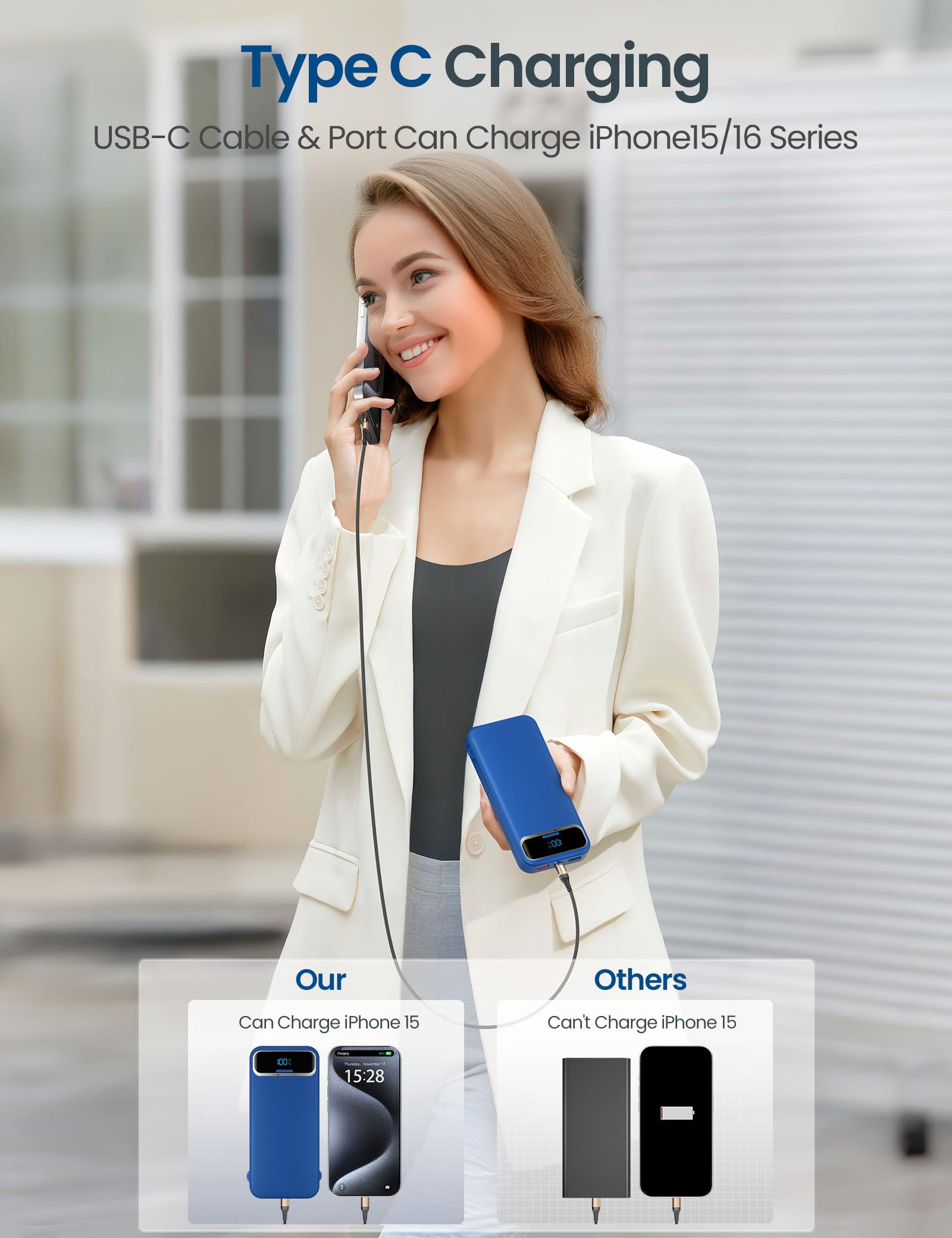 Cargador portátil ligero de 12000 mAh con cables integrados y enchufe de pared de CA, paquete de batería de carga rápida USB-C PD20W, cargador de teléfono externo de viaje con pantalla LED para todos