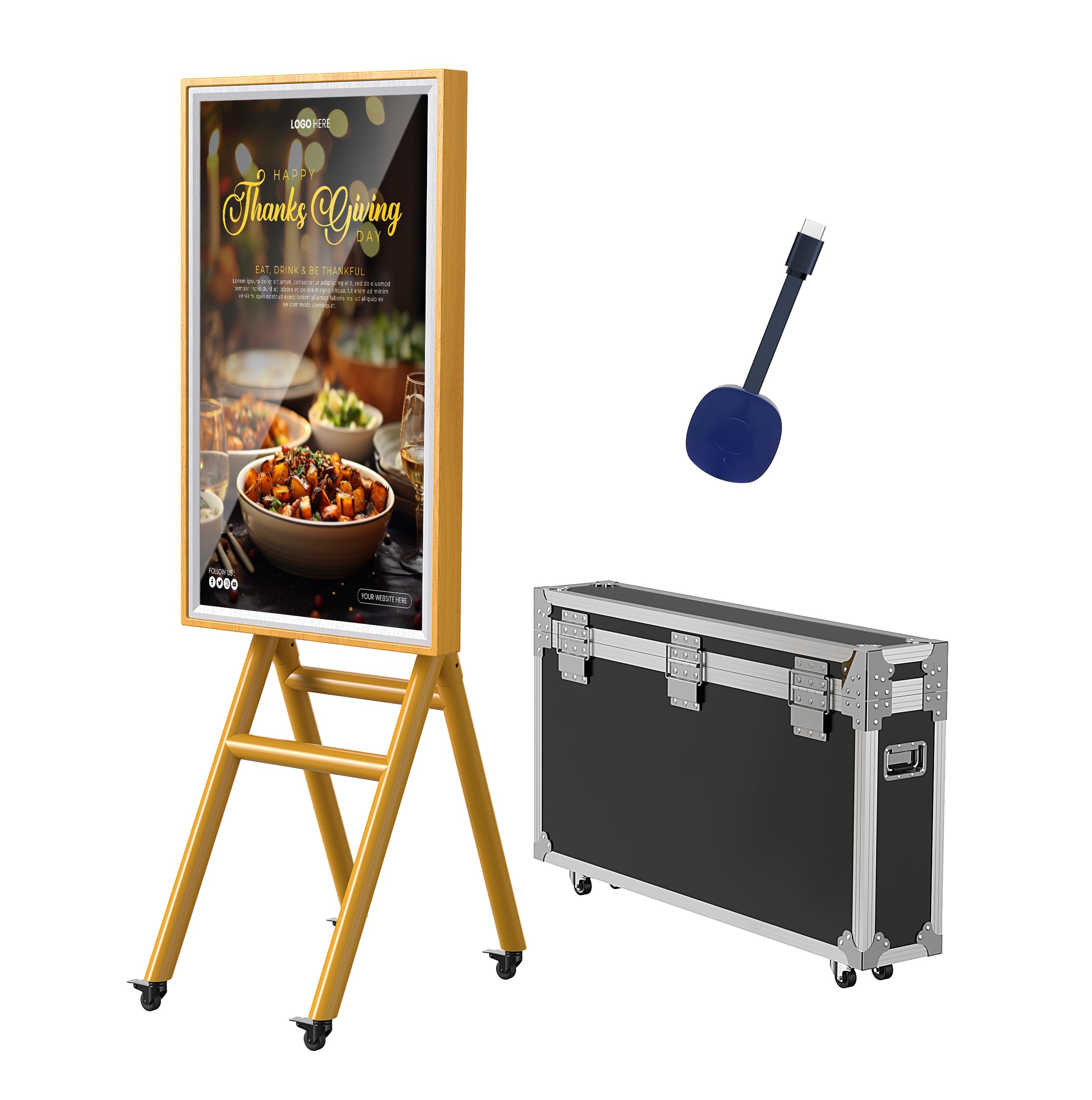 43 Inch Mobile Digital Signage Displays with Flight Case, Capacitive Touchscreen Kiosk Advertising Display, Portable Photo Booth Stand by with Screen Mirroring App Publishing, Wooden Frame