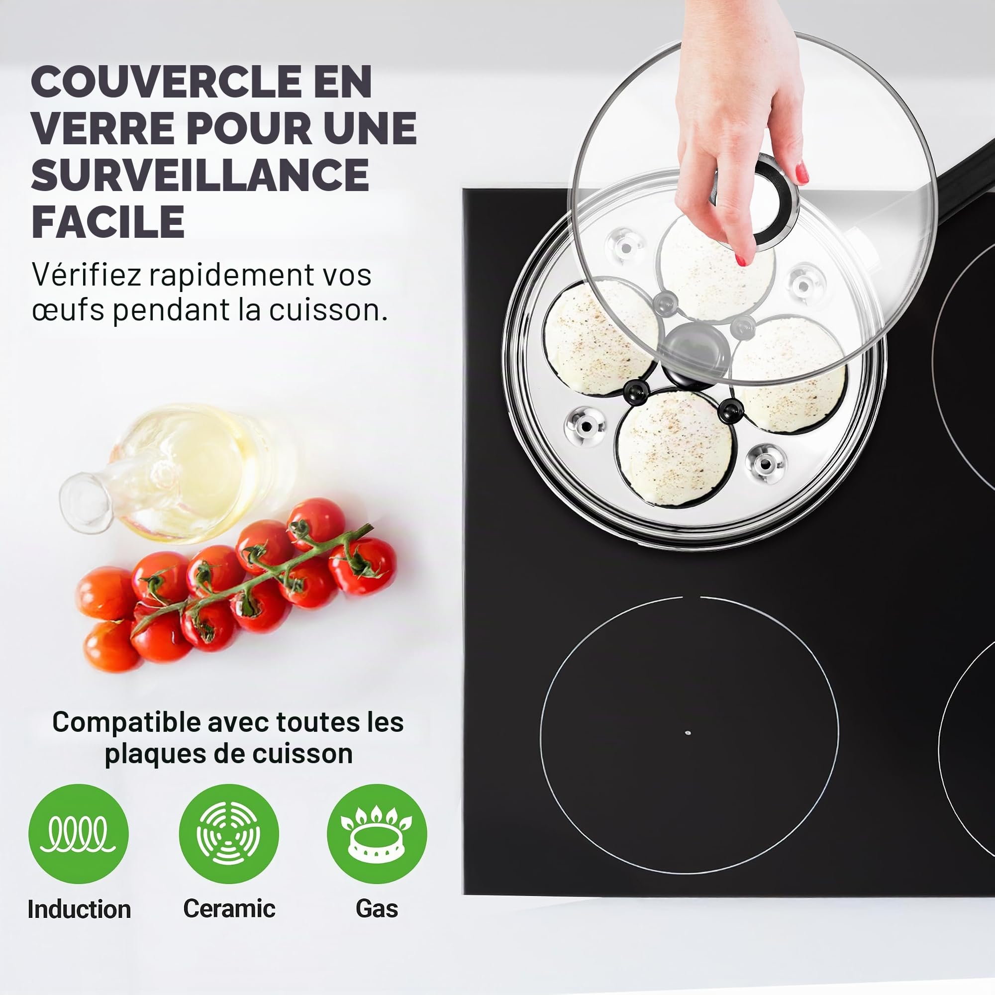 NutriChef Poêle à Œufs Pochés 4 Moules en Inox 20 cm – Cuiseur à Œufs Antiadhésif avec Couvercle en Verre, Minuterie et Accessoires, Compatible Induction, Gaz et Électrique, Pour Œufs Pochés Parfaits