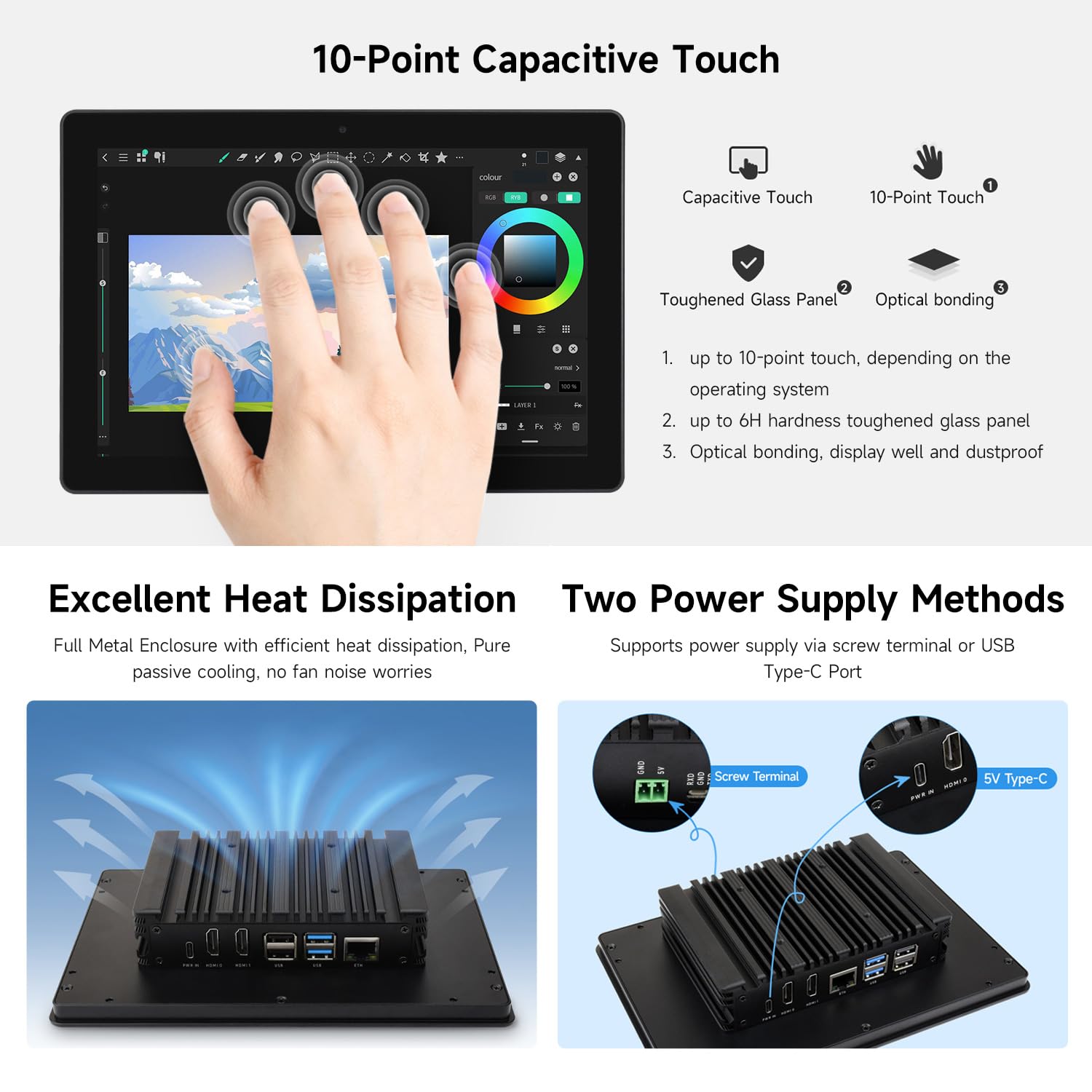 Waveshare Industrial HMI All-in-one Touch Display, Compatible with Raspberry Pi, 10.1inch Screen Monitor, Dual 4K HDMI Output, 10-Point Touch