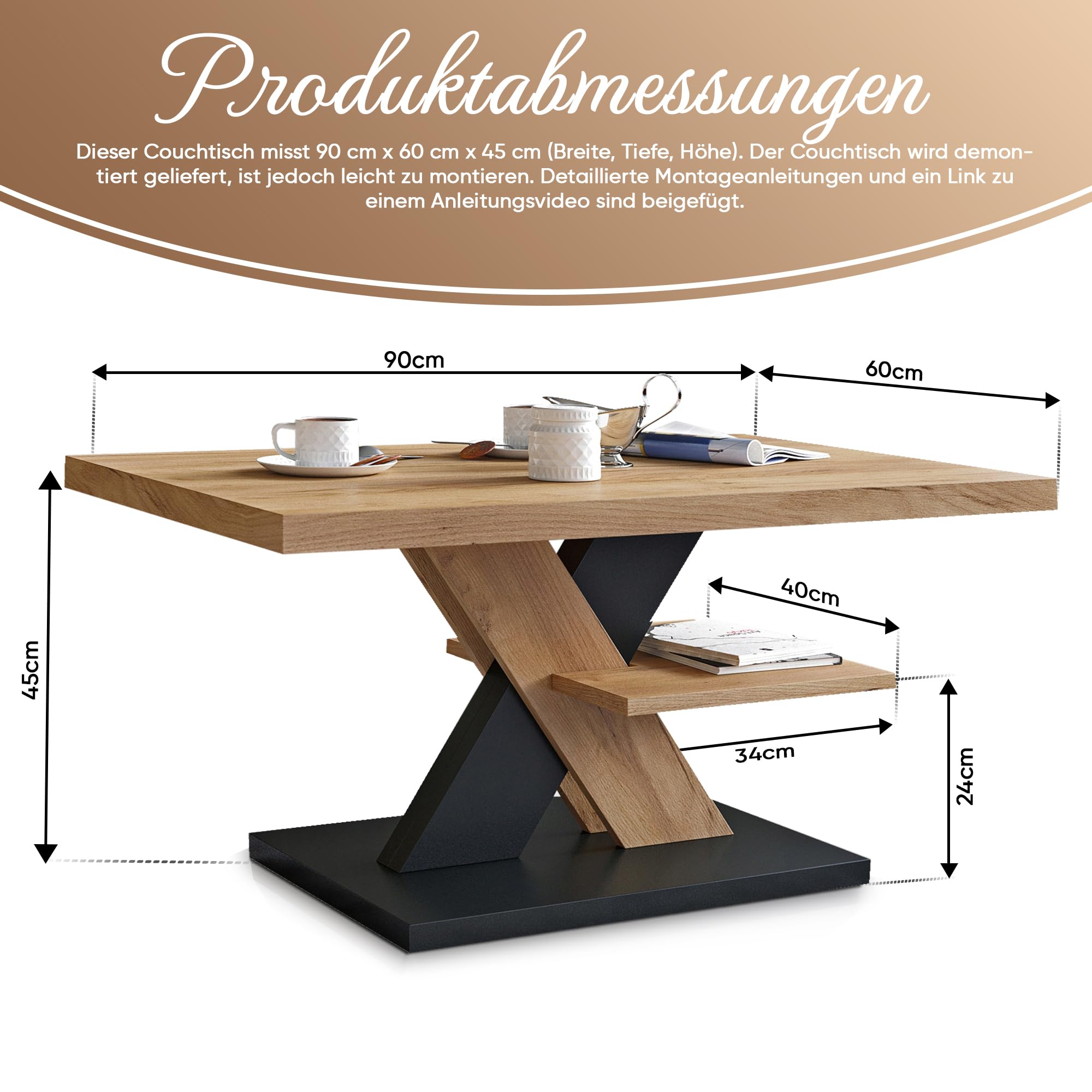Viosimc Couchtisch, Moderner Wohnzimmertisch, Modern Möbel Wohnzimmer, Kaffeetisch, Sofatisch mit Großer Ablage, Beistelltisch für Tee und Kaffee – Coffee Table for Living Room - Eiche & Schwarz