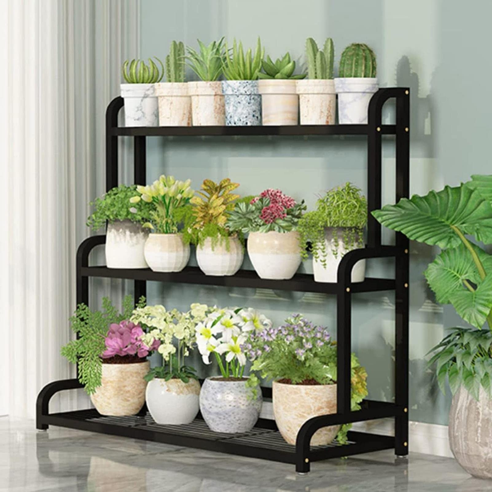 Support échelle à 3 niveaux pour pot de fleurs autoportant avec barre arrière, étagère d'intérieur et d'extérieur pour jardin et terrasse