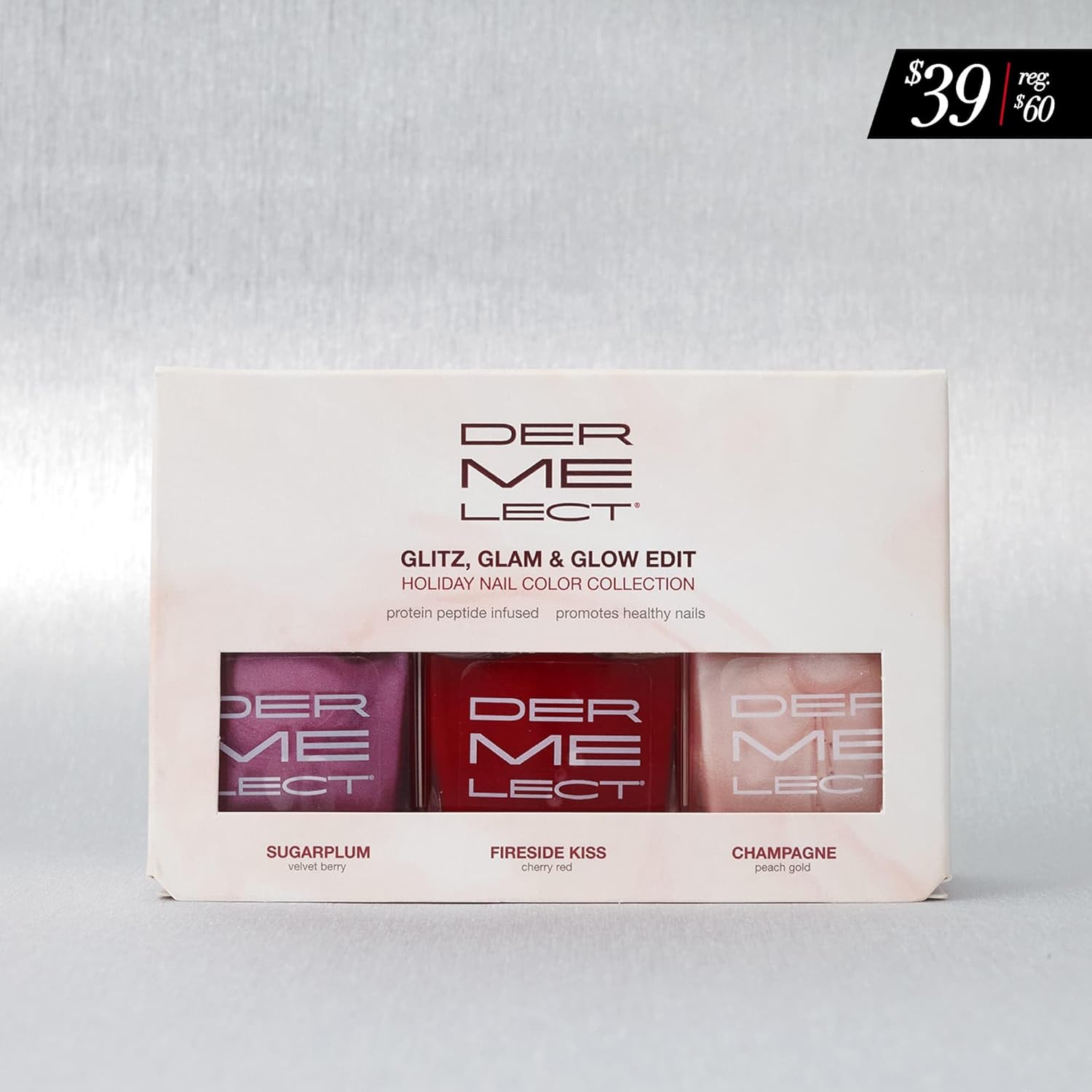 Dermelect Glitz Glam & Glow Edit Holiday Nail Polish Color Trio – Peptide-Infused, Long-Wear, Chip-Resistant, 10+ Free Nail Lacquers | Set of 3 Shades (Sugarplum, Fireside Kiss, Champagne)