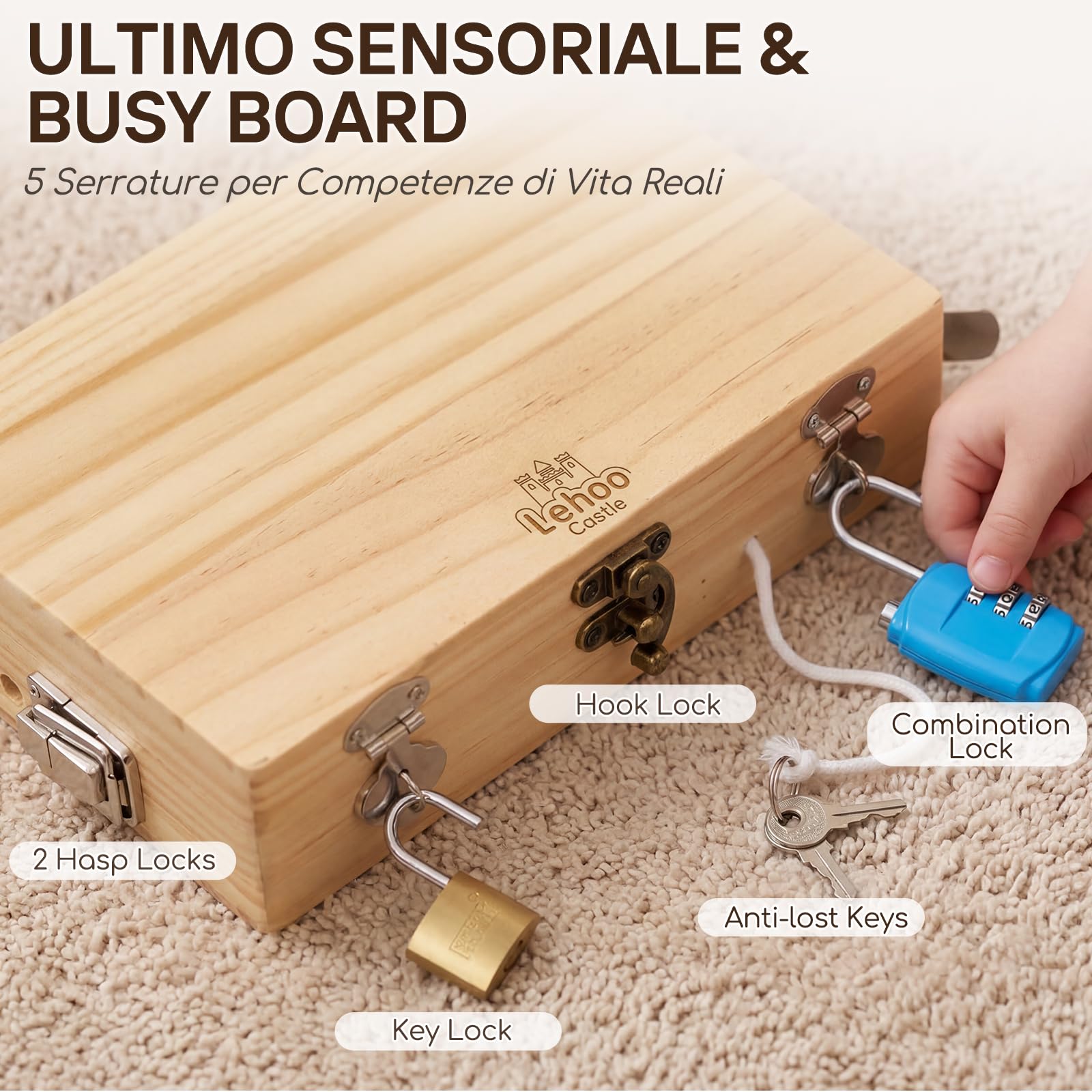 Lehoo Castle Montessori Attrezzi Giochi Bambini Giochi 3 Anni, Cacciavite Giocattoli da Viaggio Busy Board in Legno con Serratura e Chiave Giocattoli Educativi 3 4 5 Anni