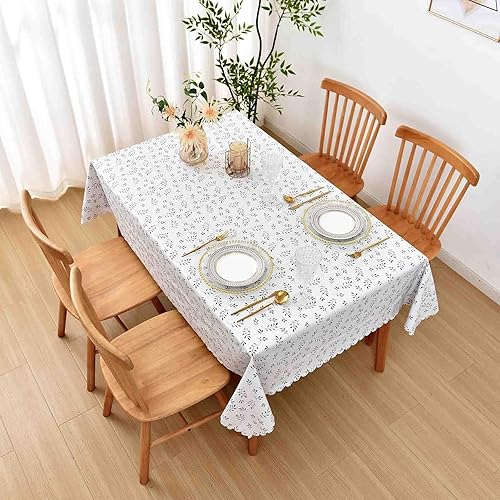Miniatura 2 de Mantel de vinilo con diseño de hojas blancas de 54 x 72 pulgadas, mantel de PVC impermeable a prueba de aceite con bordes festoneados y grano en