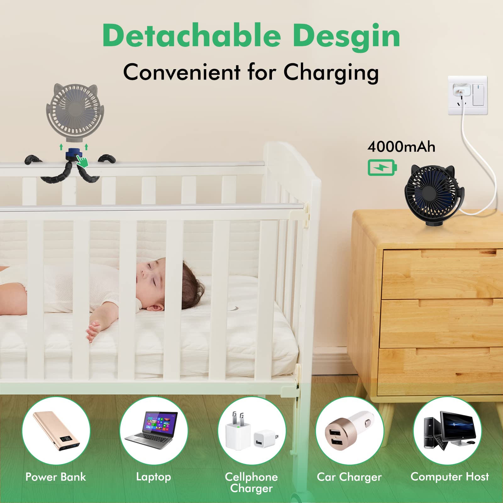 ITSHINY Kinderwagen Ventilator, Leise Kinderwagenlüfter mit Flexibler Stativ, Tragbarer Ventilator, Tischventilator, Handventilator Wiederaufladbare 4000 mAh für Kinderwagen Autositz Fahrrad Camping