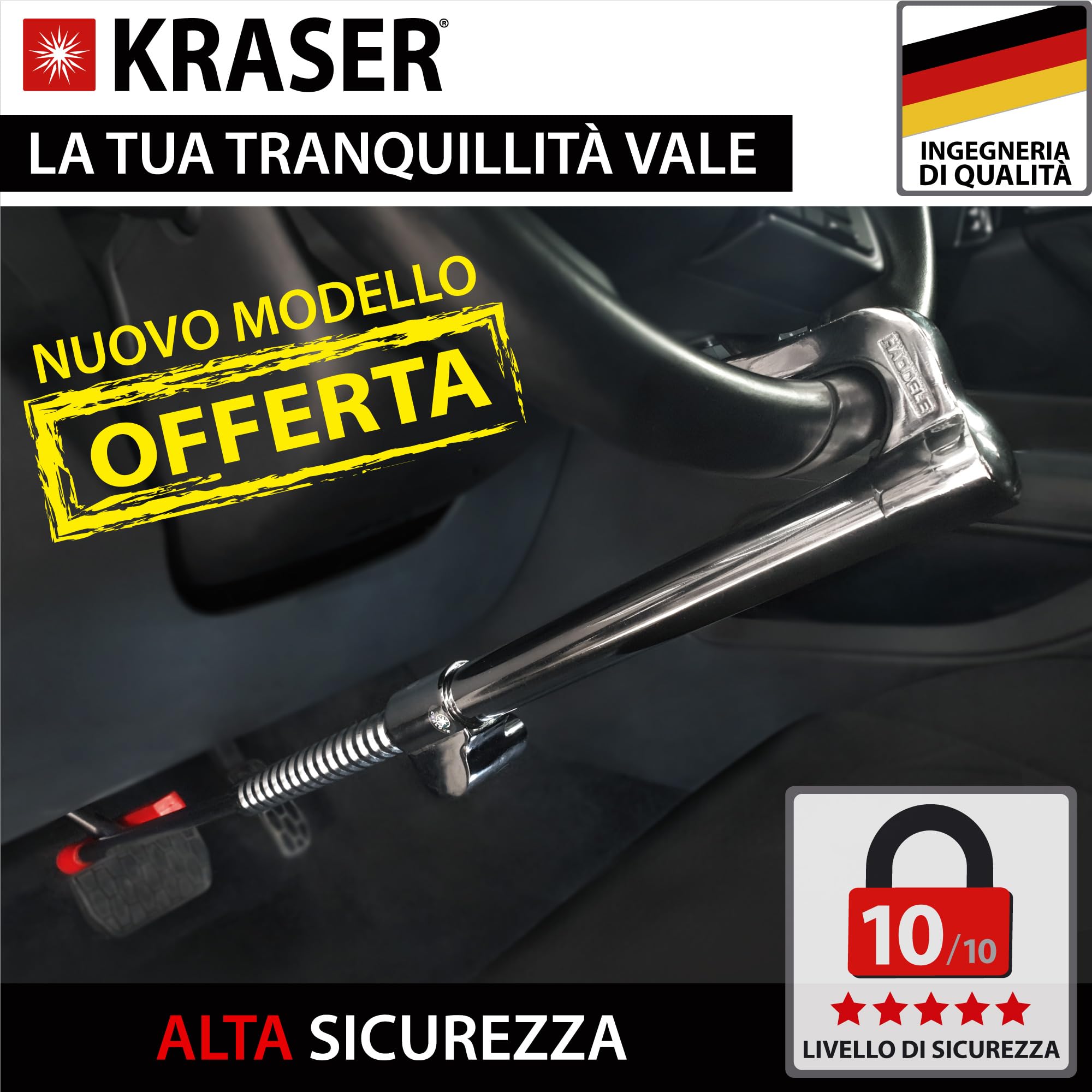 KRASER KR837 Antifurto Auto Blocca Sterzo Pedale Alta Sicurezza Compatta Gancio Telescopico