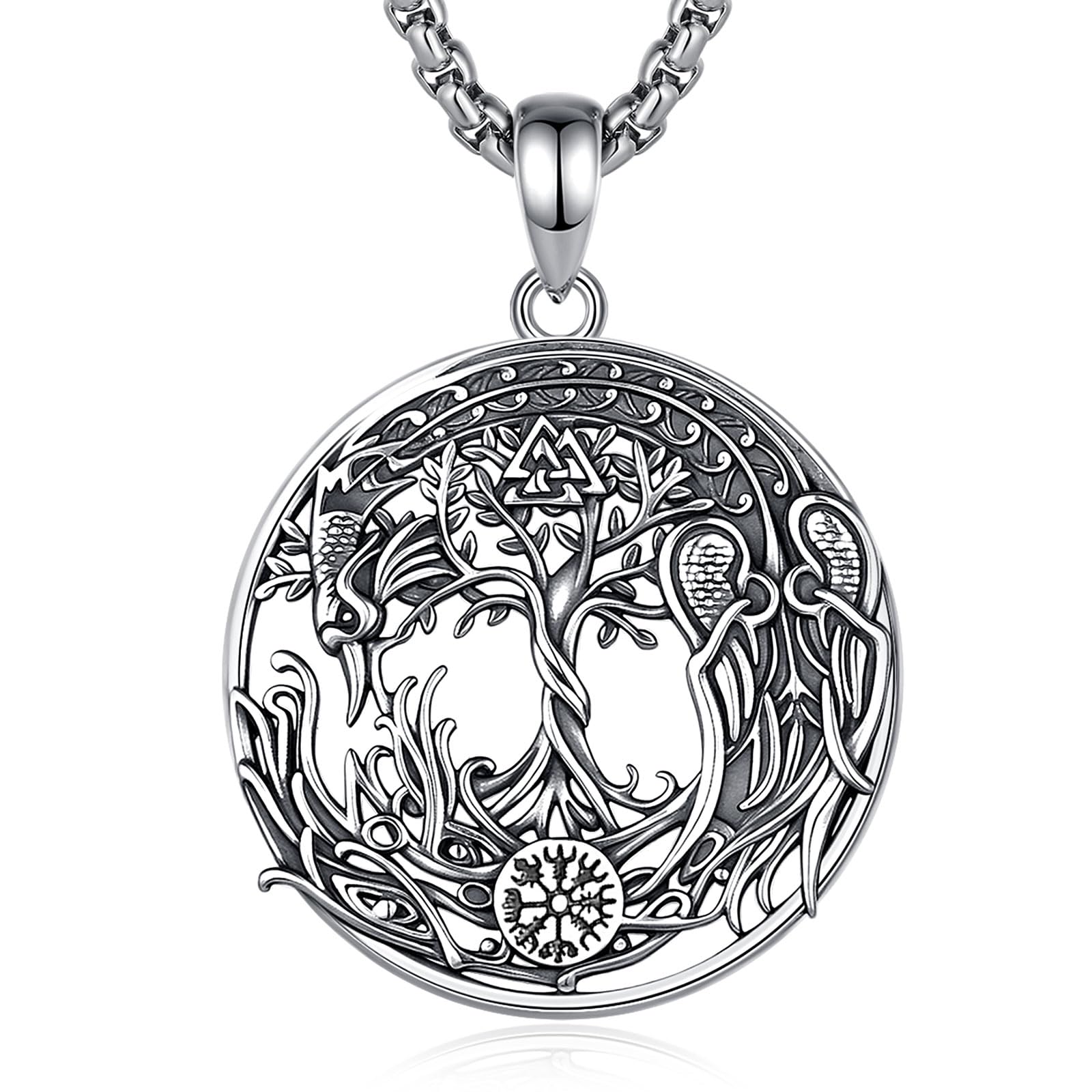 Wikinger Lebensbaum Wolf Mond Kette für Damen Herren Sterling Silber 925, Yggdrasil Phönix/Drachen Mond Triskele Anhänger Nordische Mythologie Schmuck Geschenk für Frauen Herren