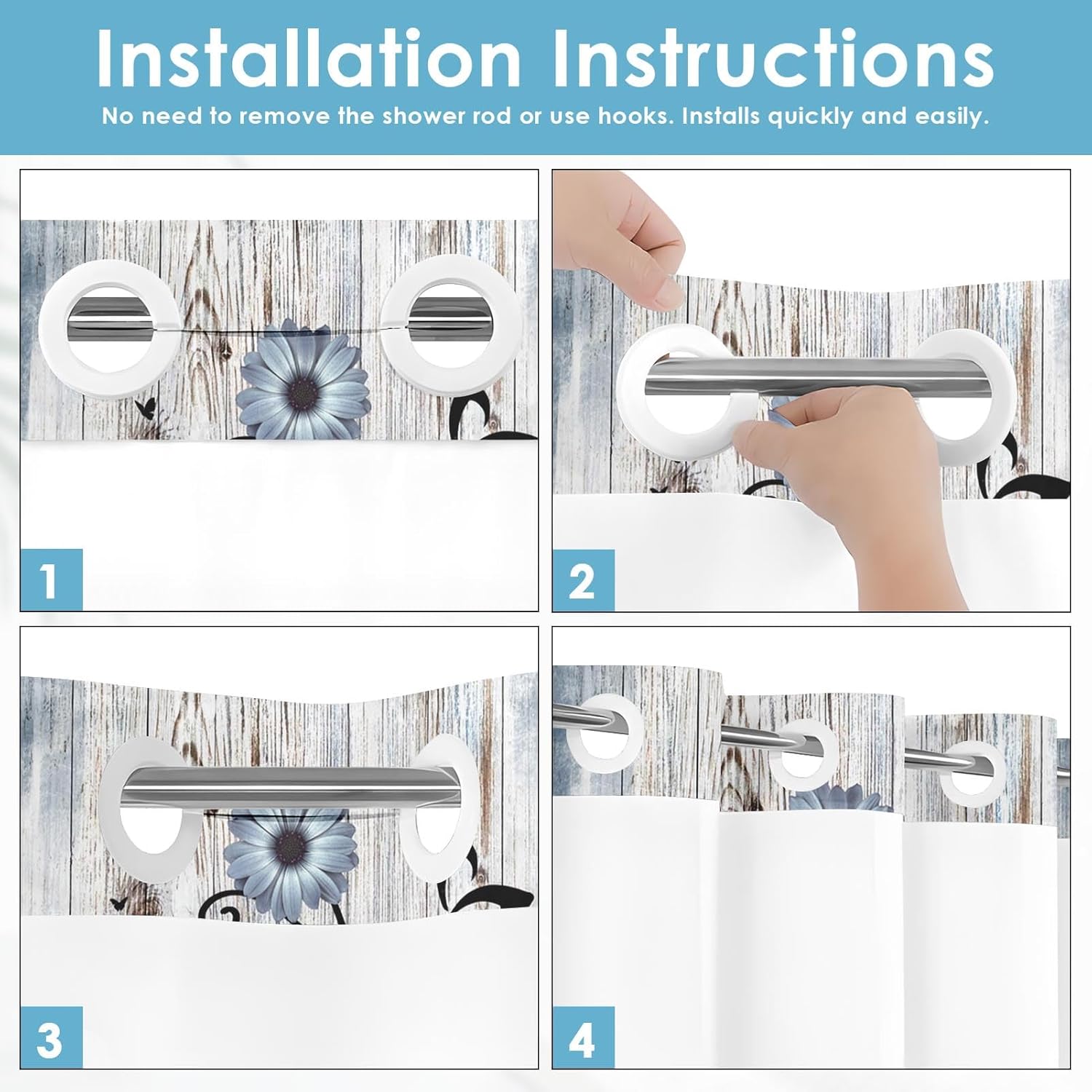 No Hook Blue Flower Shower Curtain with Snap in Fabric Liner Set, Daisy Rustic Farmhouse Double Layers Waterproof Fabric with See Through Top Window Open Grommet Bath Curtain 71x74 Inch