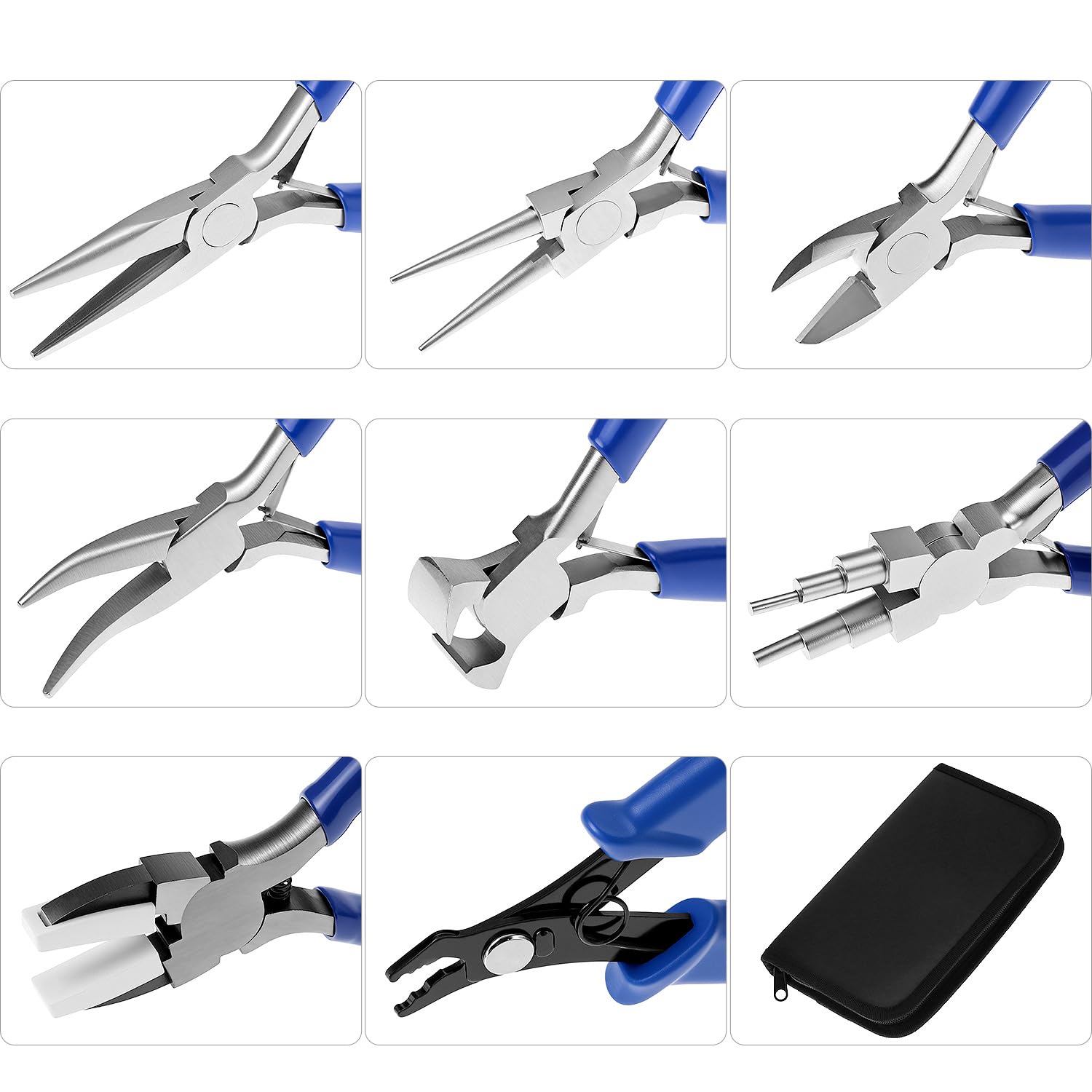 QWORK Lot de 8 pinces pour fabrication de bijoux avec sac de rangement, pour travaux manuels, réparation et projets de bricolage