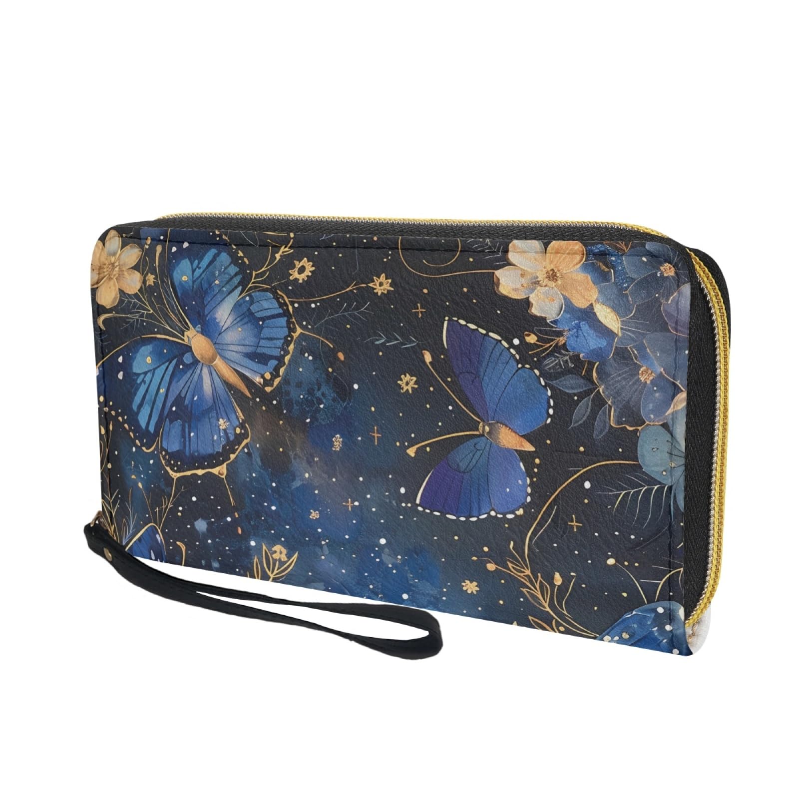 Portafoglio Donna Portamonete Porta Carte di Credito Donna Uomo Wallet | Portafogli con Zip e Cinturino da Polso Leggero Durabile Portatile,Impermeabile Cuoio,Farfalla Oro Blu 11x20cm/3 Unità