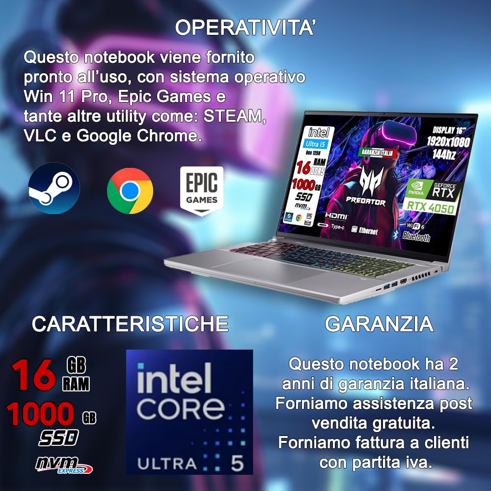 acer Notebook Gaming Predator Triton Neo • Portatile Gaming Processore Intel Ultra 5 125H • RAM 16 GB DDR5 • SSD 1 Tb • Display 16.0" FULL HD IPS 165 Hz • NVIDIA GeForce RTX 4050 6 GB GDDR6