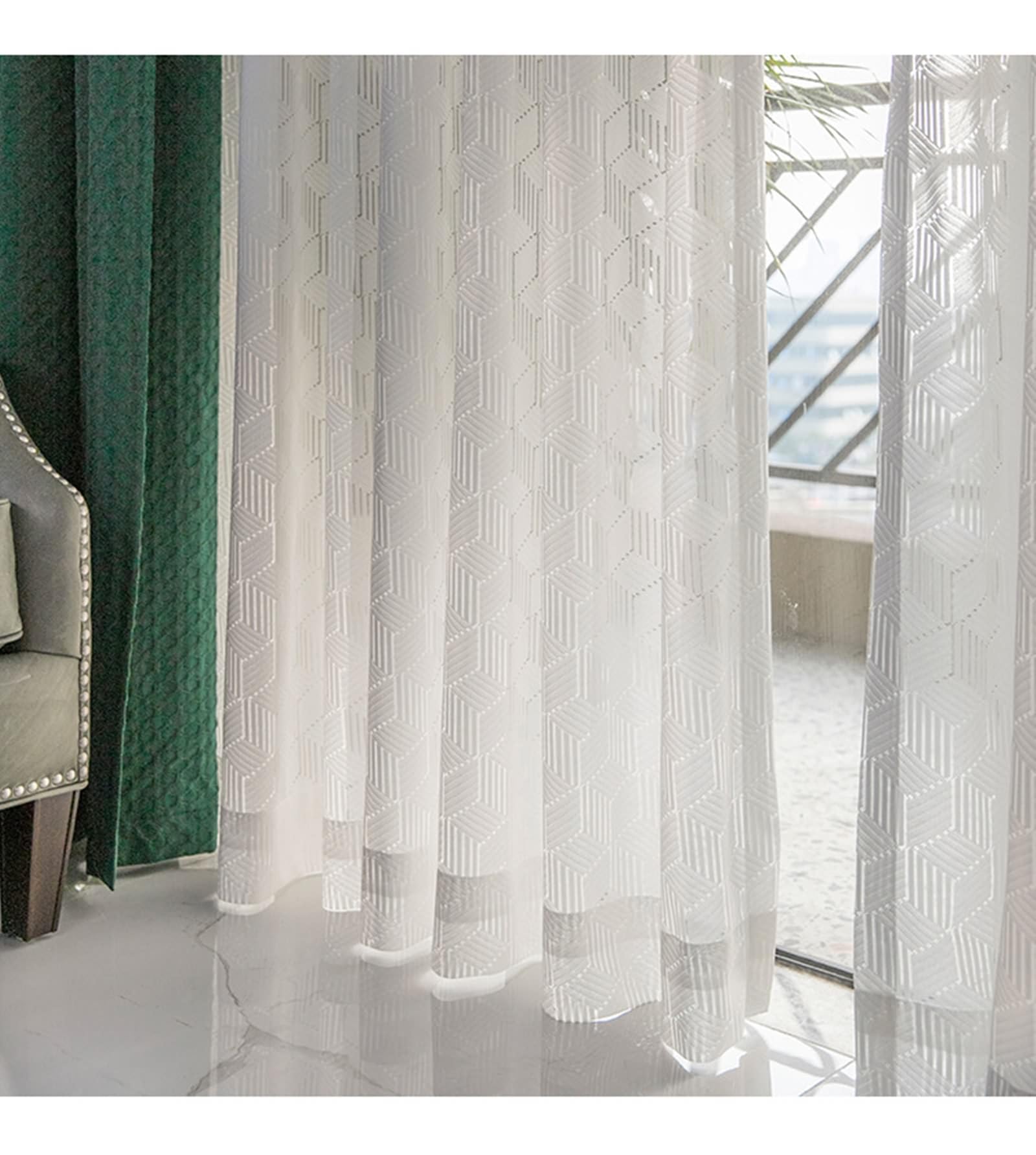 Cortinas blancas transparentes para dormitorio pequeño, juego de 2 con ojales, 96 x 115 cm, poliéster ligero con patrón geométrico, perfectas para decoración del hogar