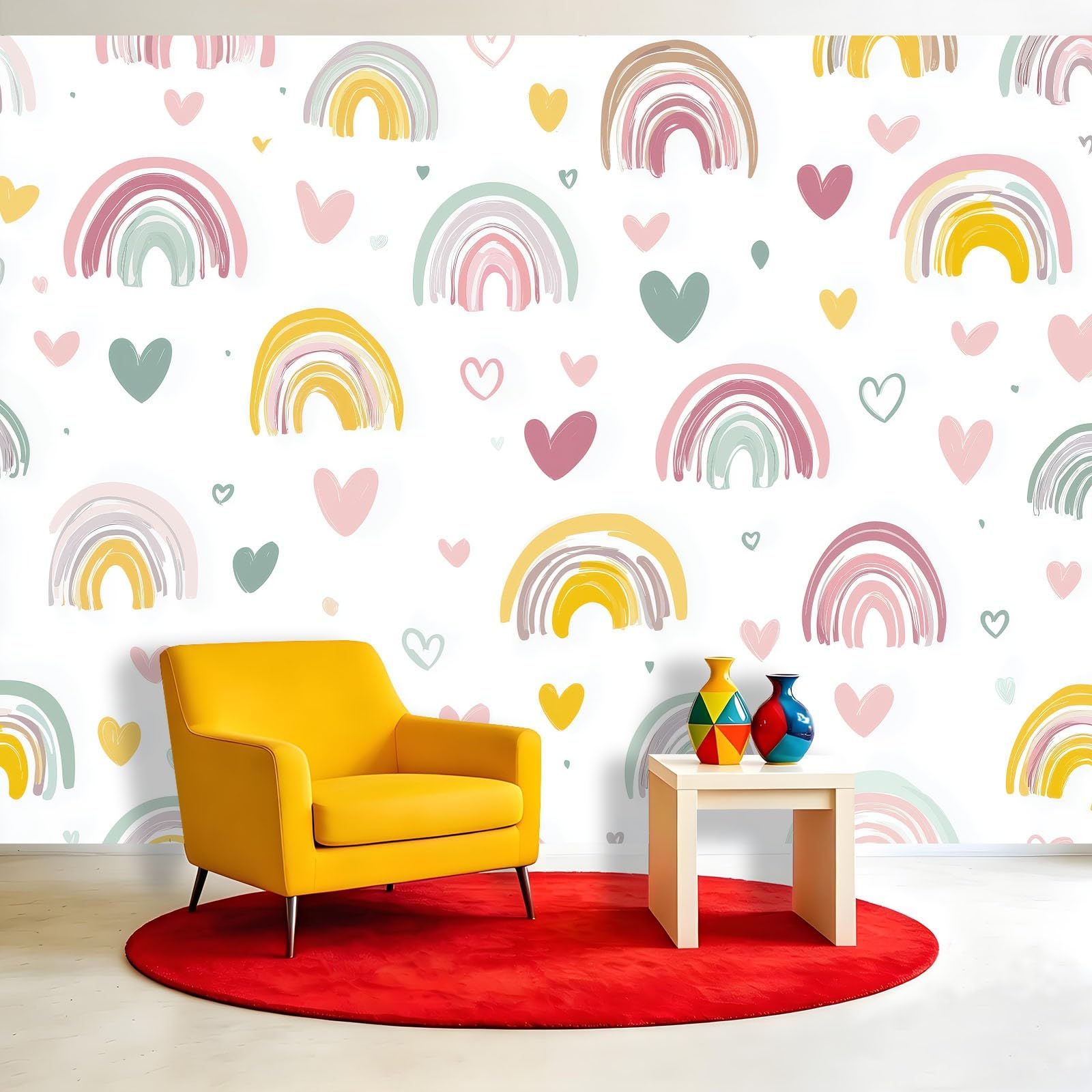 WTD - Papel pintado fotográfico (fieltro, 350 x 256 cm), diseño de corazones, diseño de arcoíris, color blanco