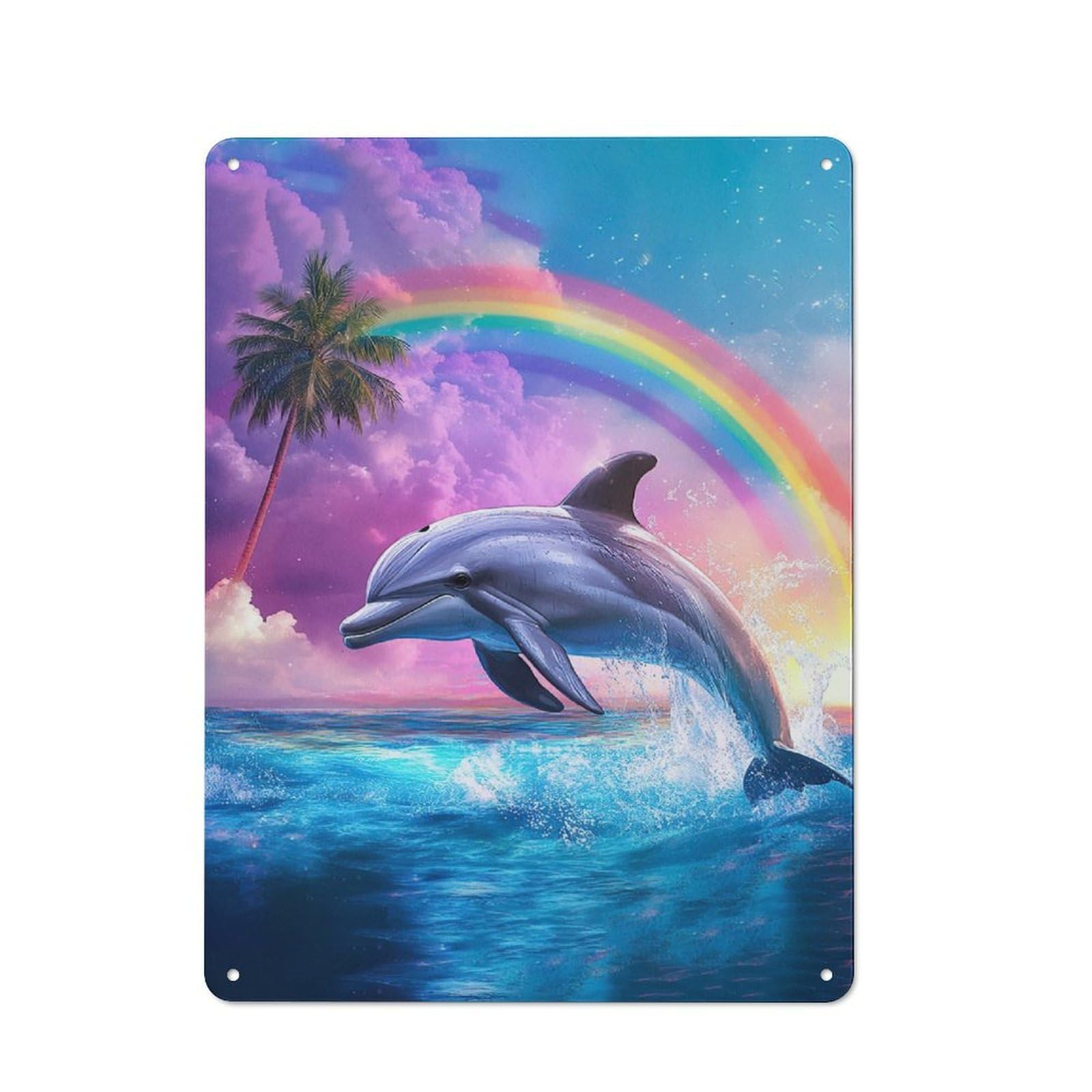 Dolphin Jumping Rainbow Friendly Metal Wall Decor 40x30cm, Decorative Metal Plaque for Coffee Bar, Small Shop Or Dining Room