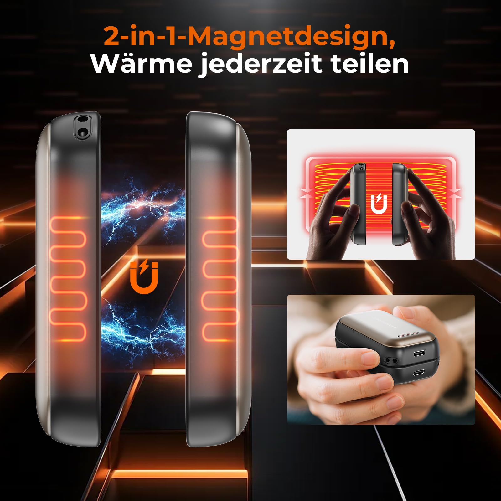 Fitabok Handwärmer Elektrisch 2-Pack – 6000mAh Magnetischer Taschenwärmer, USB-C Elektrische Handwärmer Wiederaufladbar Schnellheizung, 3 Heizstufen Bis 55°C, für Outdoor, Camping, Golf, Raynaud
