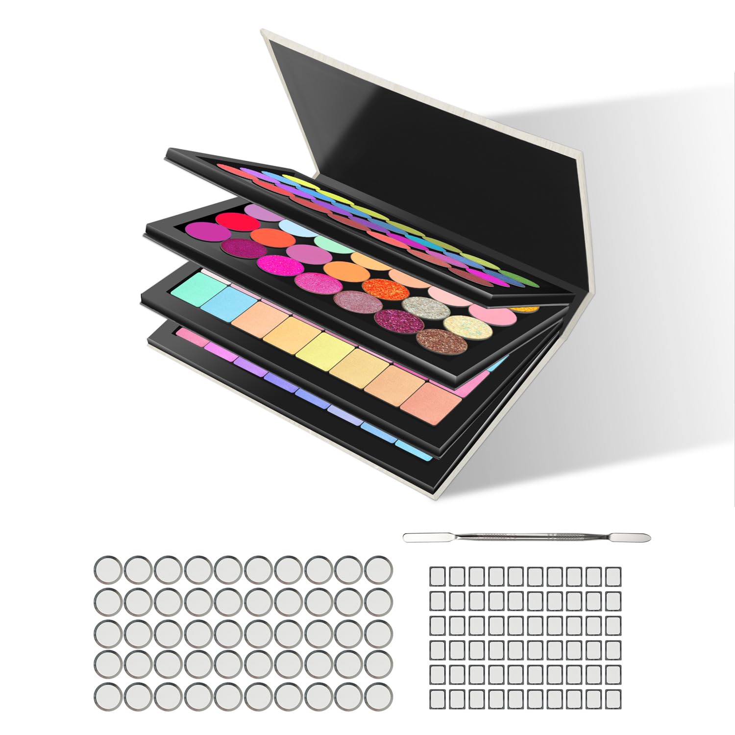 SZDYM Strong 4-Layer Empty Magnetic Palette Book Palette (White Wood Grain) + 1 Makeup Depotting Spatula + 50 Round Metal Stickers + 50 Square Metal Stickers