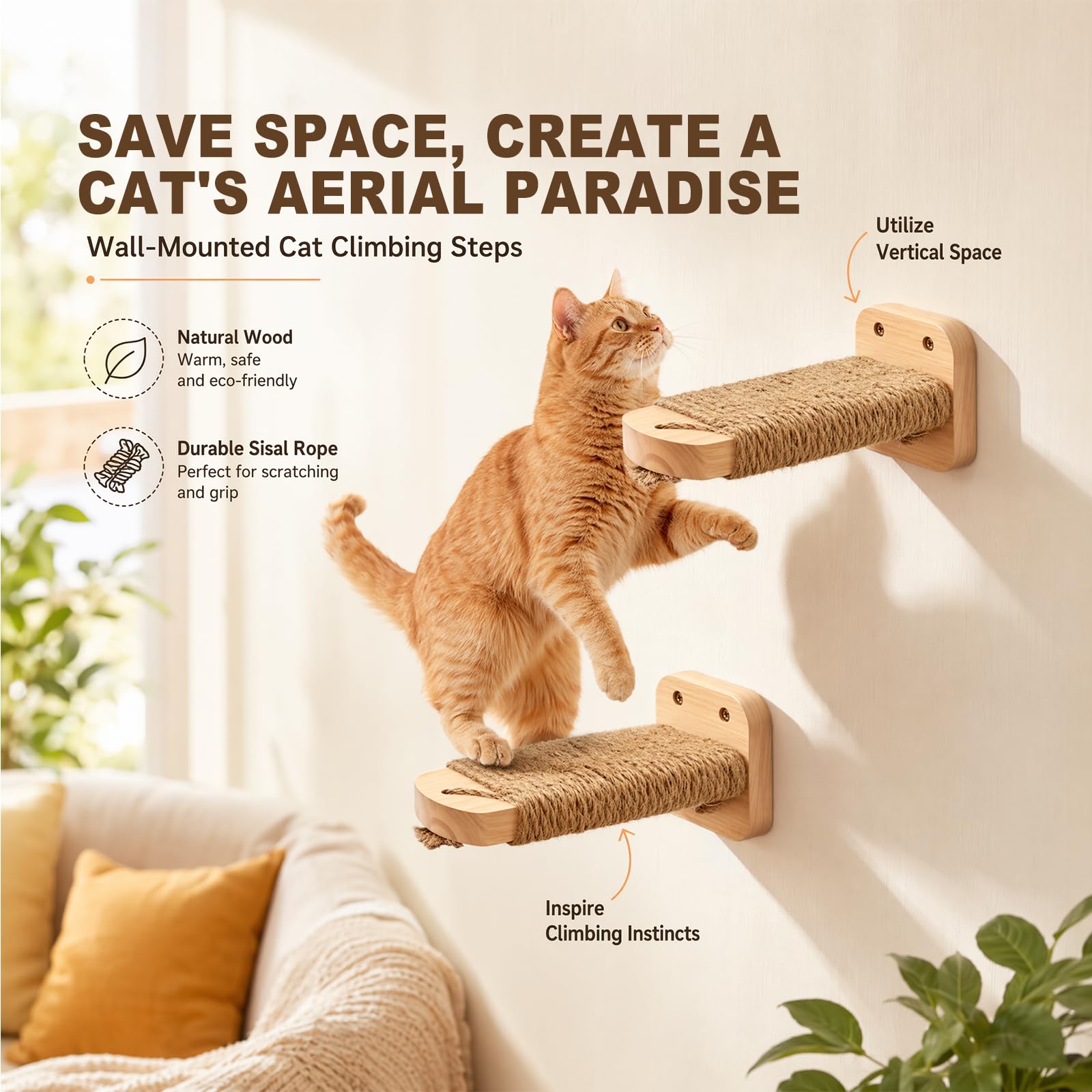 Lot de 2 escaliers muraux pour chat, mur d'escalade, planches pour chat avec corde de jute à gratter, plateforme pour chat en bois d'hévéa massif, pour escalade, jeu, capacité de charge maximale de 35