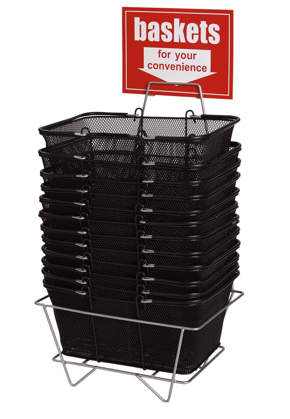 Black Metal Shopping Baskets With Stand and Sign - Set of 12 - Basket Dimension 17W x 12D x 7H - Perfect for Retail, Thrift, Grocery, and Convenience Stores