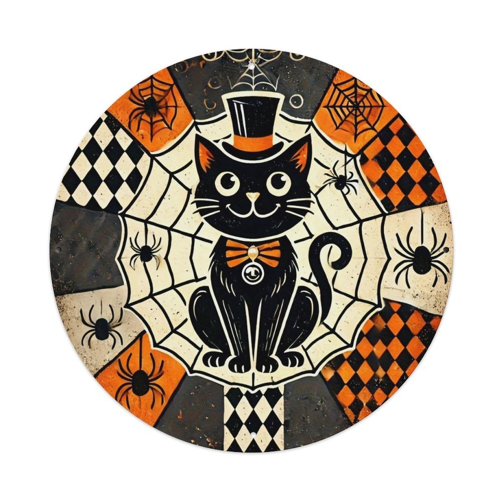 Black Cat Spider Web Pattern Metal Tin Sign Plaque