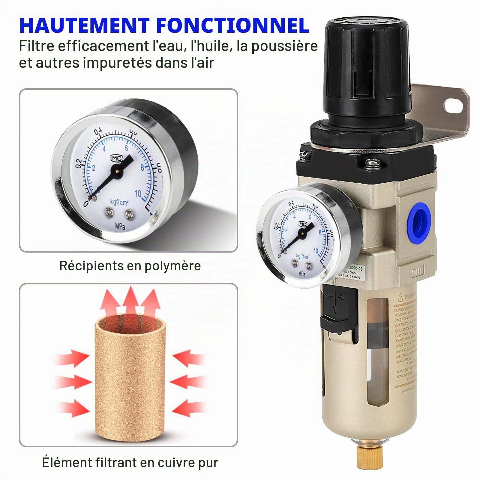 Réducteur De Pression D'air Comprimé 3/8, Séparateur D'eau Air Comprimé, Régulateur De Pression, Séparateur D'eau Réducteur De Pression, Régulateur D'air Comprimé