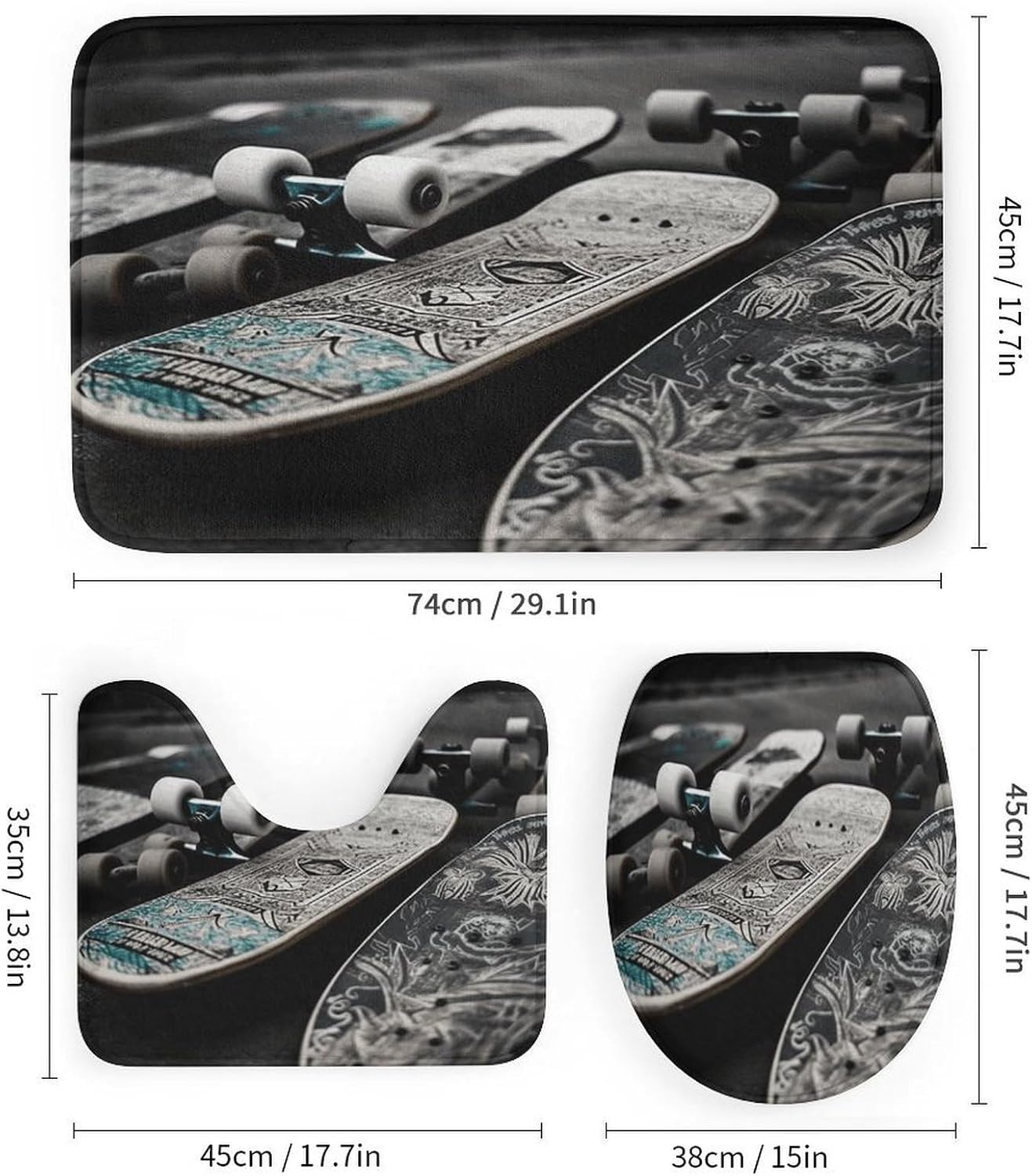 Skate Boards Bathroom Rugs Sets 4 Piece | Shower curtain sets, non-slip absorbent soft flannel bath mat, u-shaped toilet mat & lid cover, bathroom decor accessories