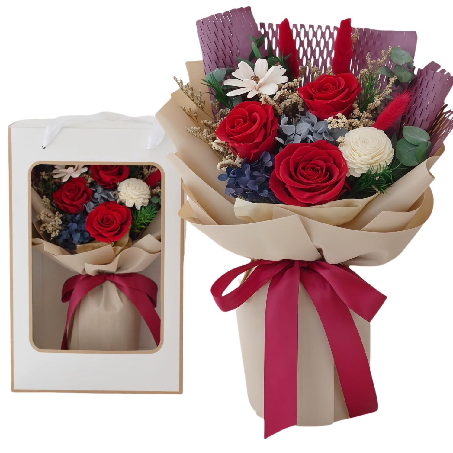 Regalo para el día de la madre, ramos de flores preservadas, regalos para su madre, día de San Valentín, día de la madre, ramos de regalo de Navidad para esposa, mejor amiga/ramo de rosas rosas