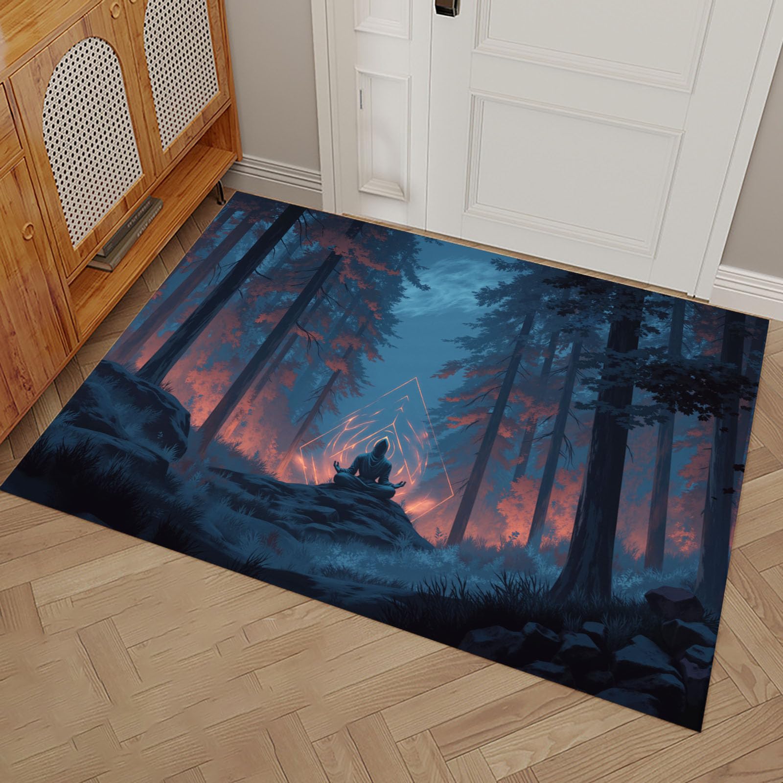 Zerbino per Ingresso, I Praticanti Meditano Tappetino Antiscivolo, Foresta Magica Zerbini di Benvenuto, Zerbino per Porta e Corridoio, Lavabile in Lavatrice - 80x120 cm, Blu Navy