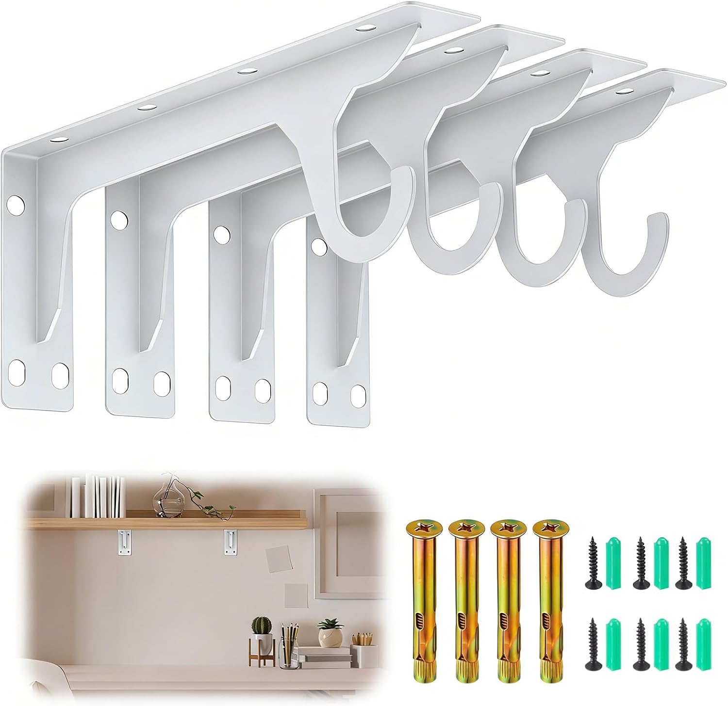 4 Pcs Wall Mounted Closet Rod Brackets Heavy Duty 11.18 Inch Closet Shelf Brackets with Rod Holder Support 400 Lbs for Curtain Wardrobe Shop (White)