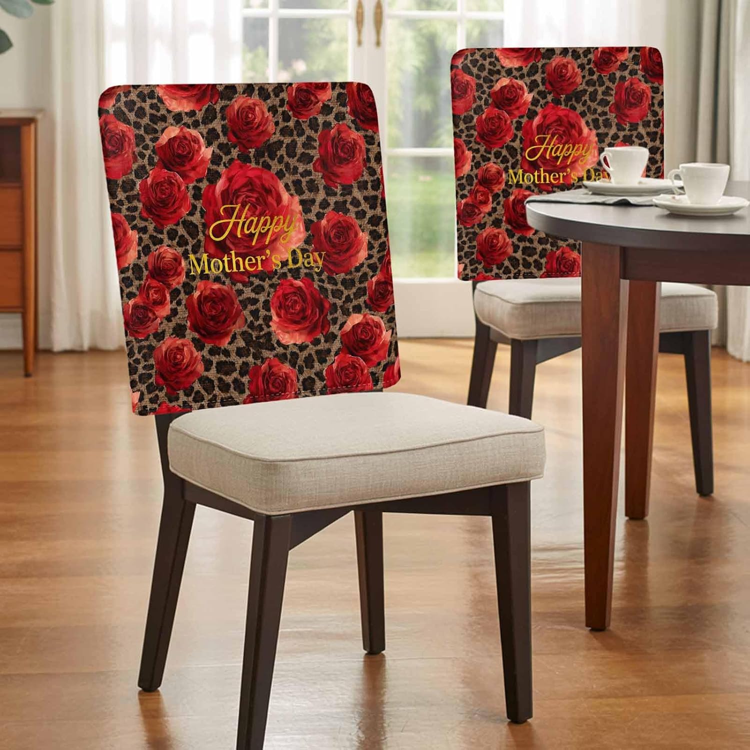 Chair Back Covers for Dining Room, Red Roses Leopard Linen Polyester Back Chairs Protector, Happy Mother's Day 6 Pcs Dining Chair Seat Covers for Kitchen, 20 x 19 Inches