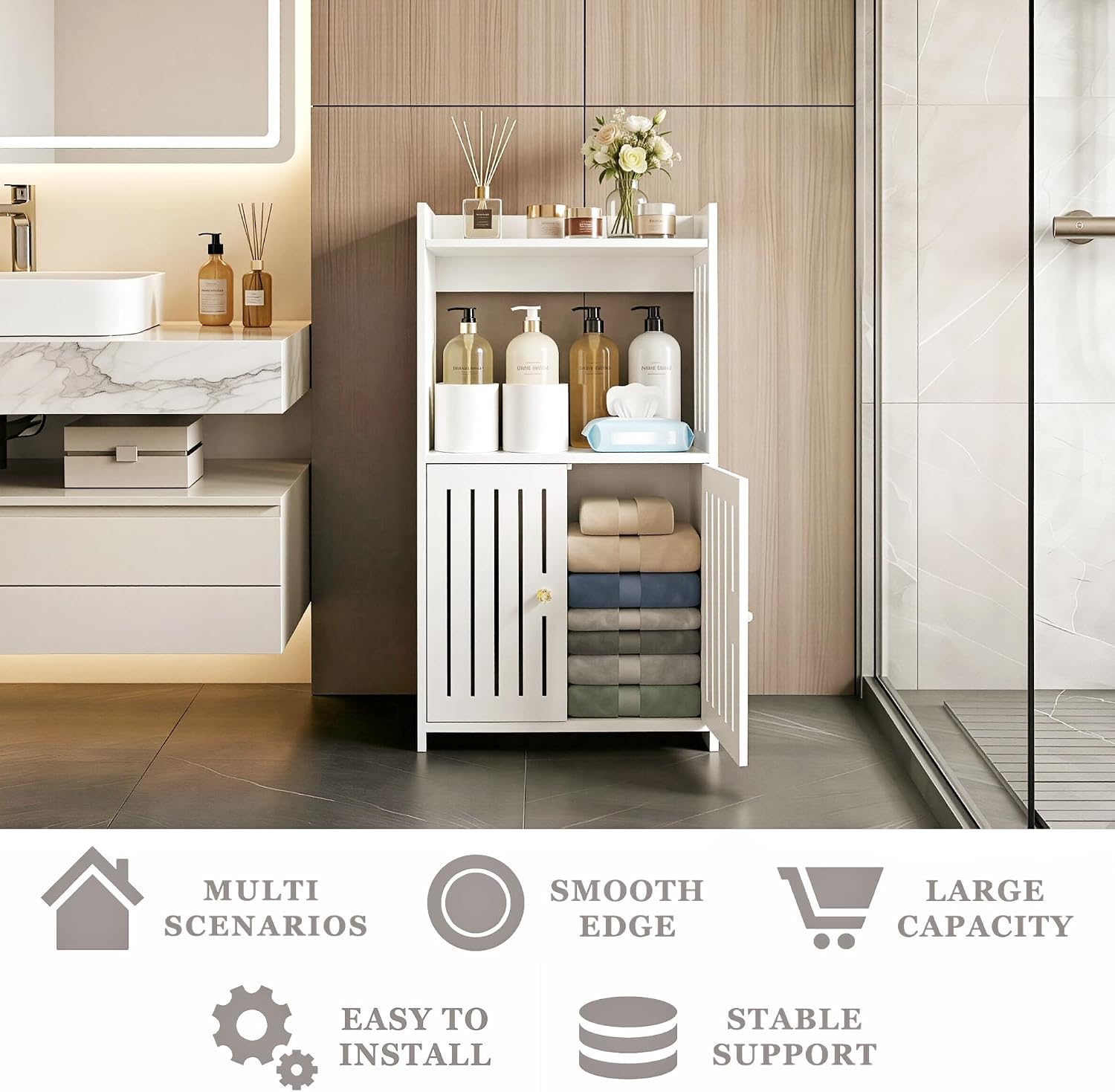 HAYOFAMY 3-Tier Bathroom Storage Cabinet 24.8" H x 14.2" W x 8.7" D | White Floor Cabinet, Freestanding Organizer with Door, for Living Room Kitchen Small Space, PVC Material