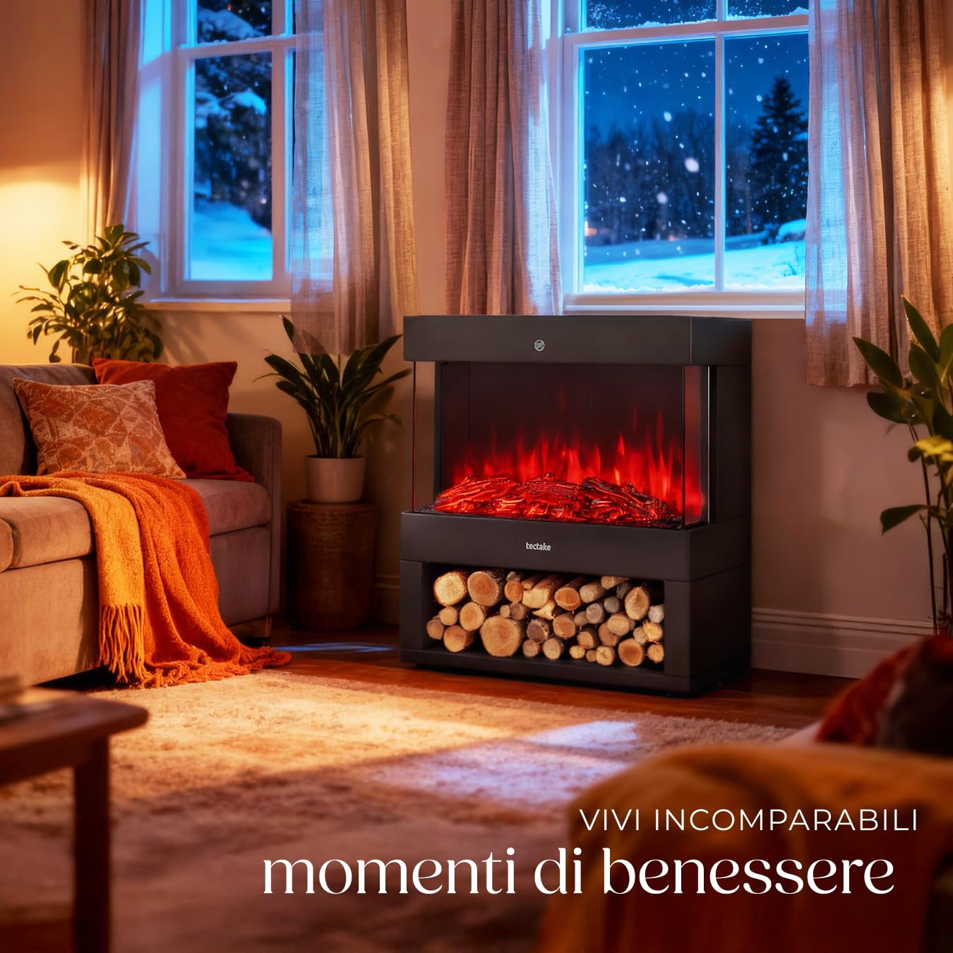 tectake® Caminetto elettrico da terra, 60 x 73,5 x 33 cm, Camino Elettrico da pavimento, 2 livelli di calore 900/1800 W, termostato, effetto fiamma fuoco finto 3D, riscaldamento Casa, Stufa Elettrica