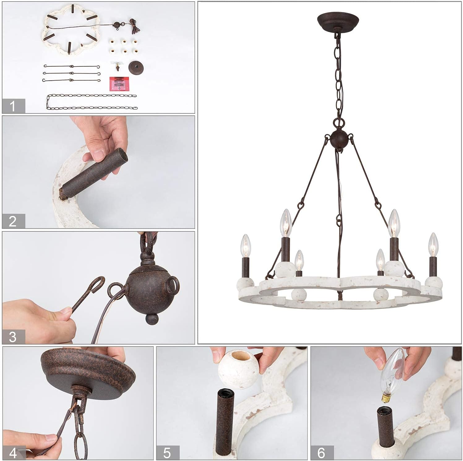 LOG BARN Farmhouse Chandelier for Dining Room, 6-Light Round Kitchen Island Light, Wagon Wheel Chandelier for Living Room, Foyer, Weathered White Wood, 23.5” Dia