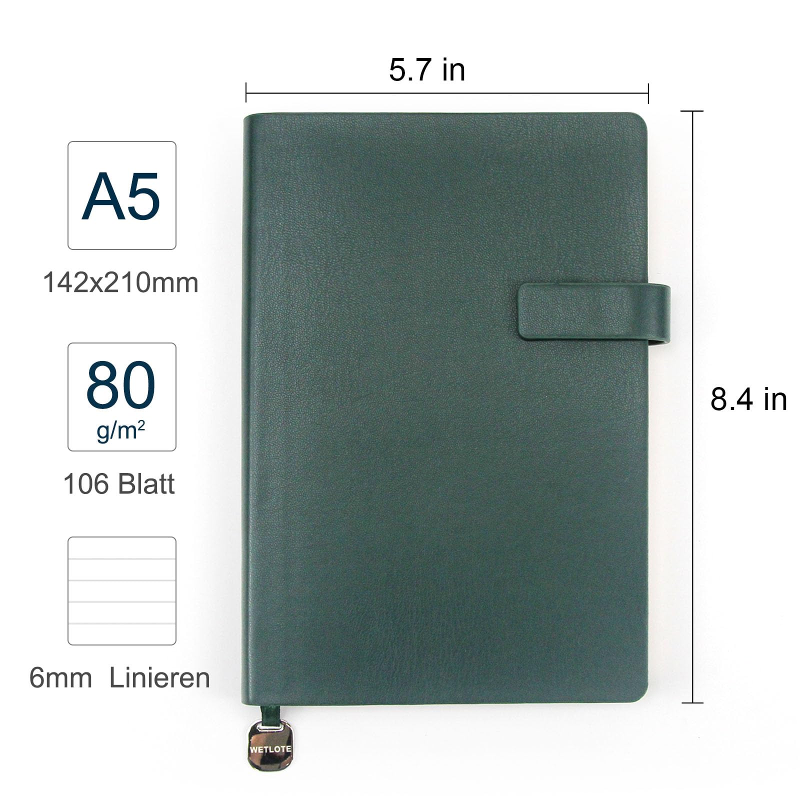 WETLOTE A5 Notebook, Softcover Journal, 212 Pages, Lined Paper with Closure, Ribbon Bookmark & Inner Pocket, for School, Office & Travel, 14 x 21 cm Dark Green - Image 2