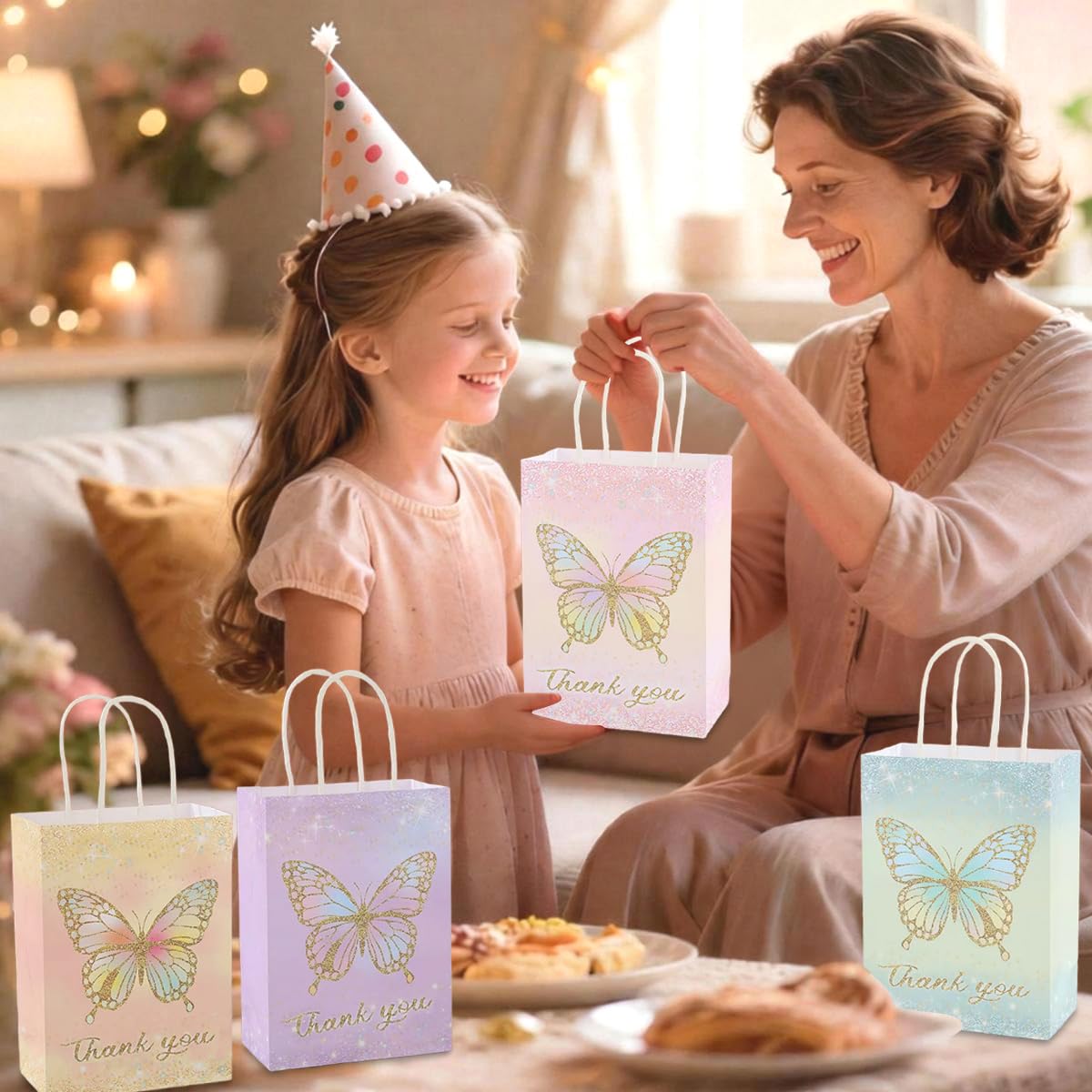 piqiya 24pcs Butterfly Birthday Goodie Bags,Party Favor Gift Bags,Colorful Gift Bag for Baby Shower, Wedding
