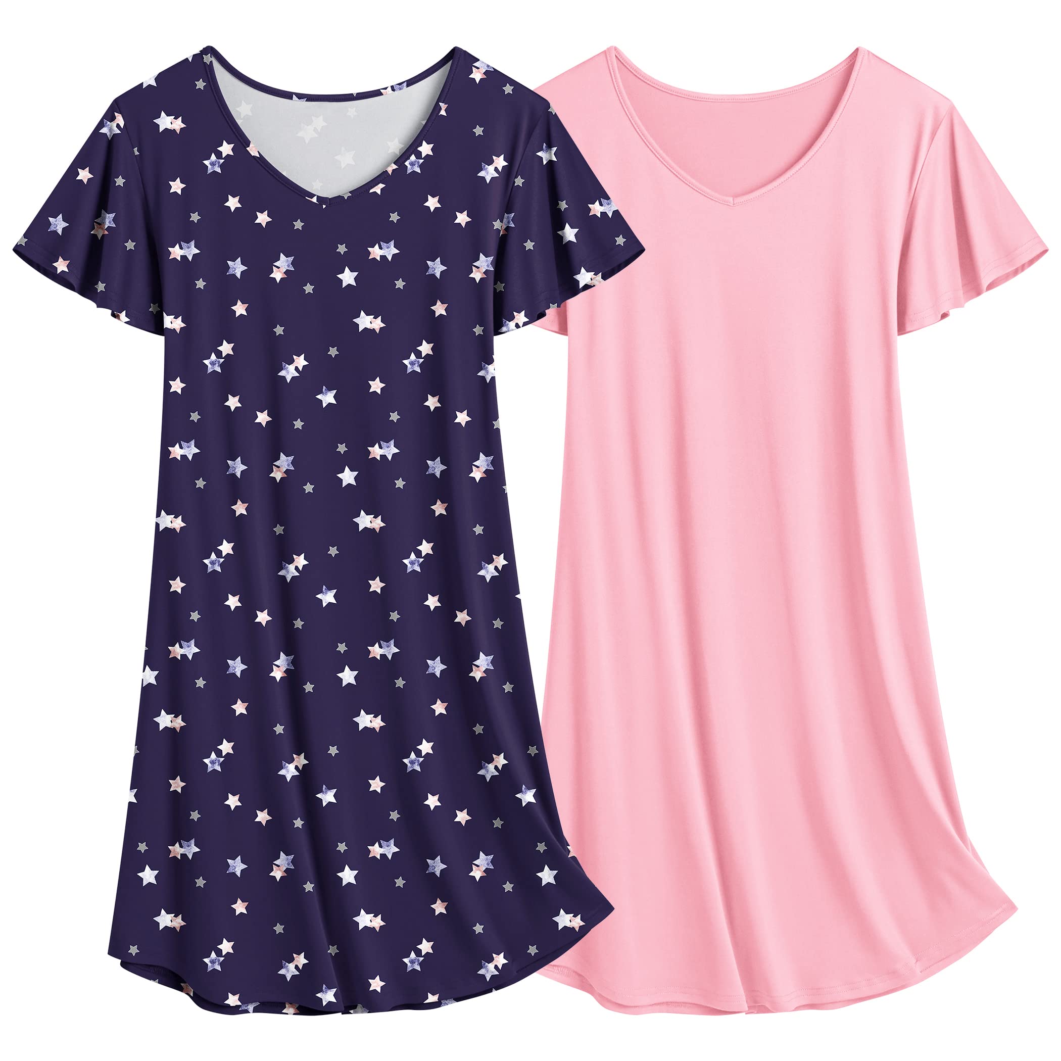 Ekouaer Camisón de Mujer de Manga Corta, Paquete de 2 Piezas, Lindos Camisones de Verano Estampados S-XXXL