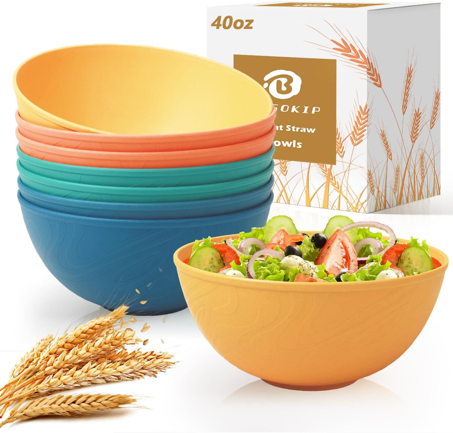 40OZ Wheat Straw Bowls Sets of 8, Unbreakable & Thick Ramen Bowl, Microwave & Dishwasher Safe Large Soup Bowls, Reusable Plastic Cereal Bowls for Party, Camping, Patio Dinning, RVs- Multi